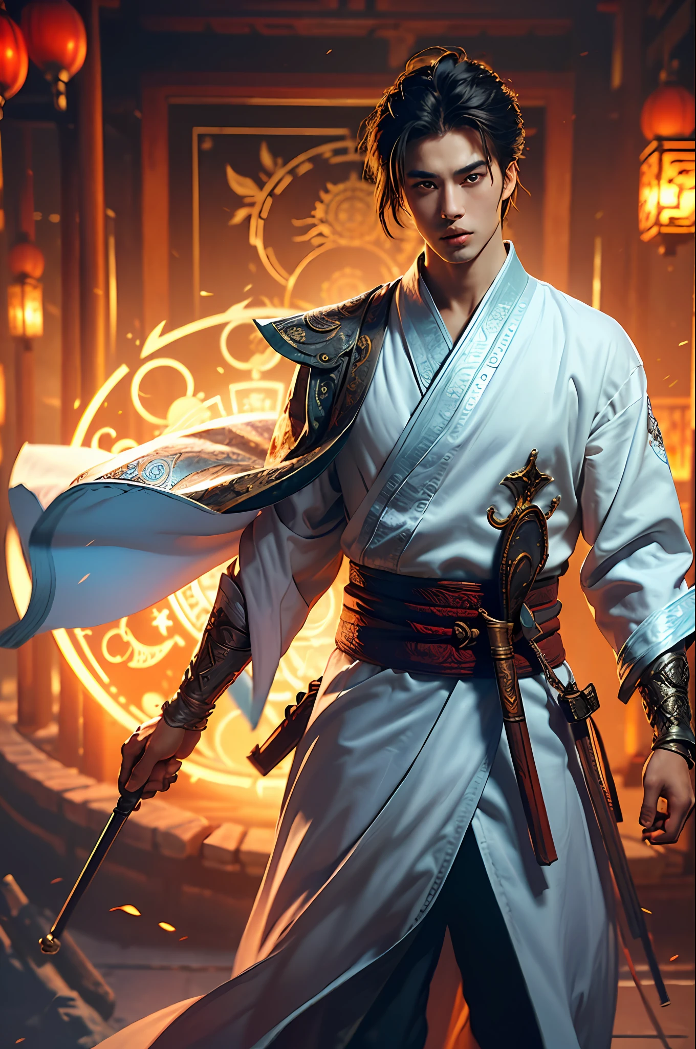 Best Quality, Masterpiece, Ultra High Resolution, (Realistic: 1.4), Xiuxian, Weapon, Detail Face, 1 Boy, Solo, Weapon, (Magic Circle: 1.2), Xiuxian, Upper Body, Beautiful Boy, ((((Varied Handsome)))), Full Body, East Asian Architecture, Sheath, Building,