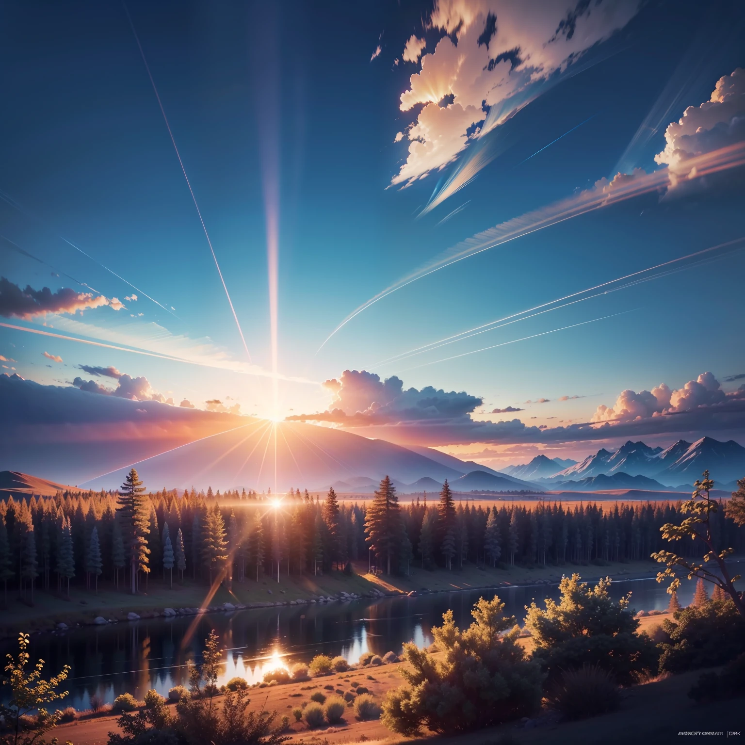 Create a beautiful landscape of a blue sky being illuminated by the sun's rays, cinematic lights, altra 4K resolution, rich in detail