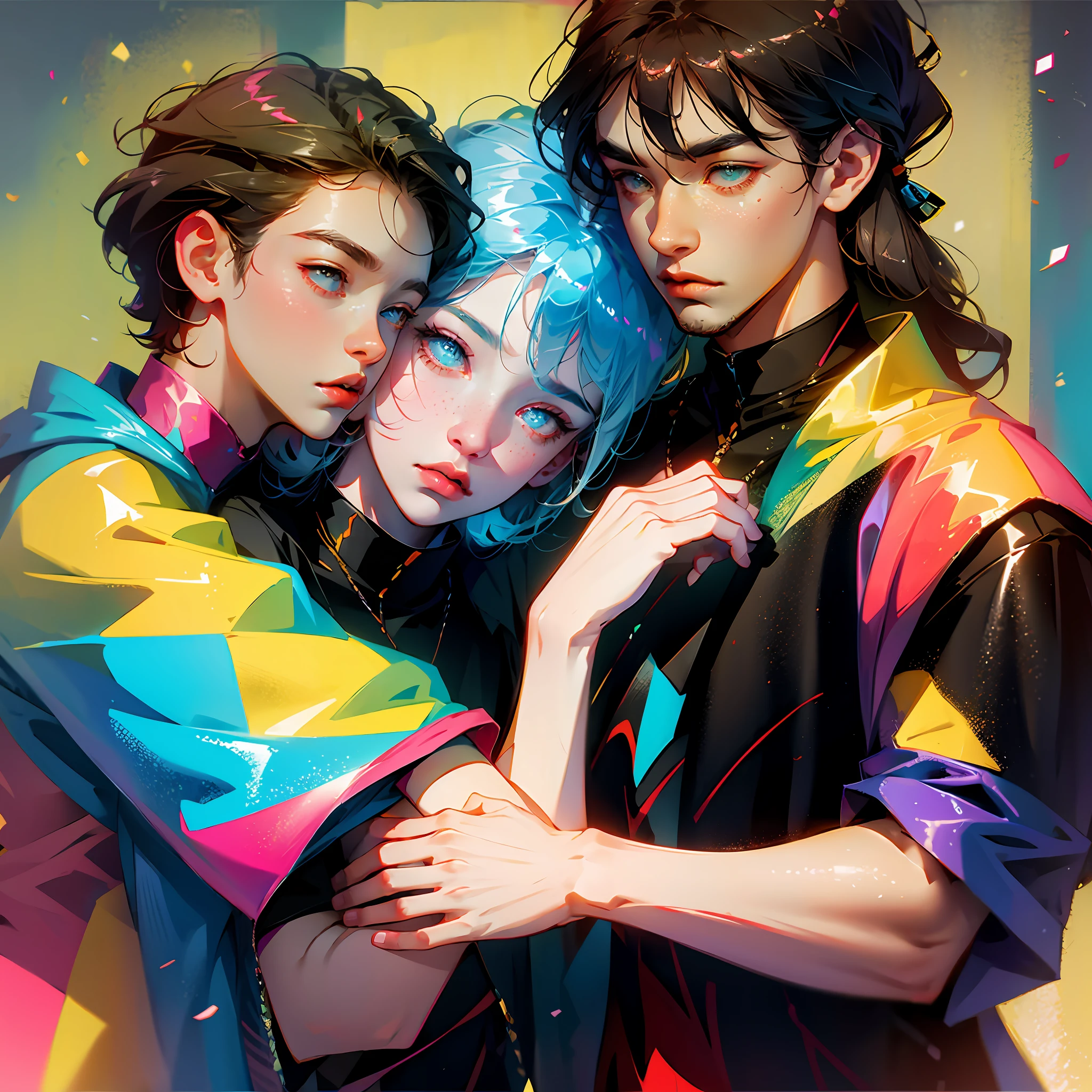 men hugging and wearing colorful clothes --auto --s2
