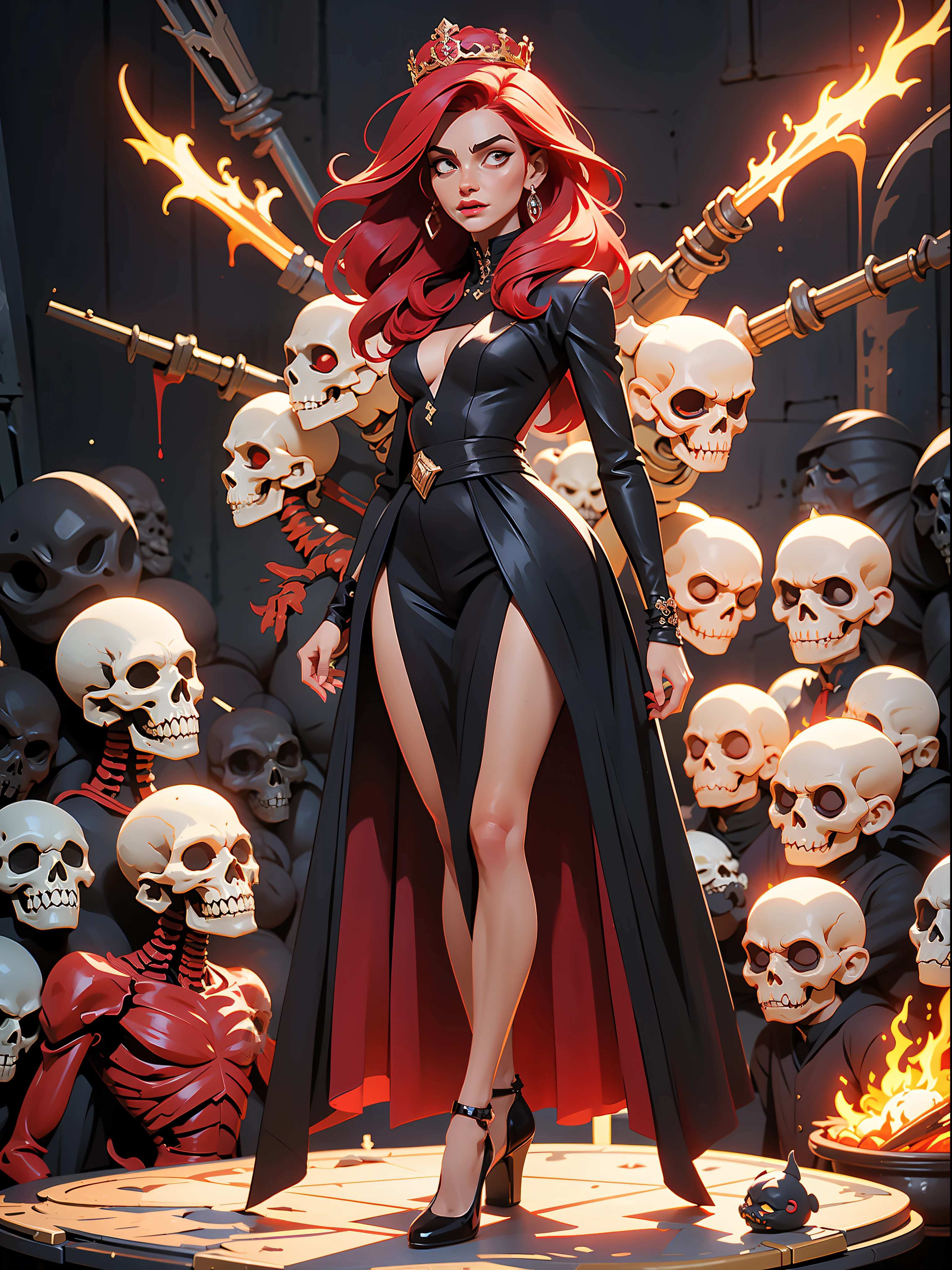 ((Best quality)), ((masterpiece)), (detailed: 1.4), (Absurd), Spawn woman, reborn from hell with several small demons and skeletons at her feet, beautiful, red hair, long shed with her legs out, crown with two long ciphers, full body, perfect body, generous neckline, hellish scene