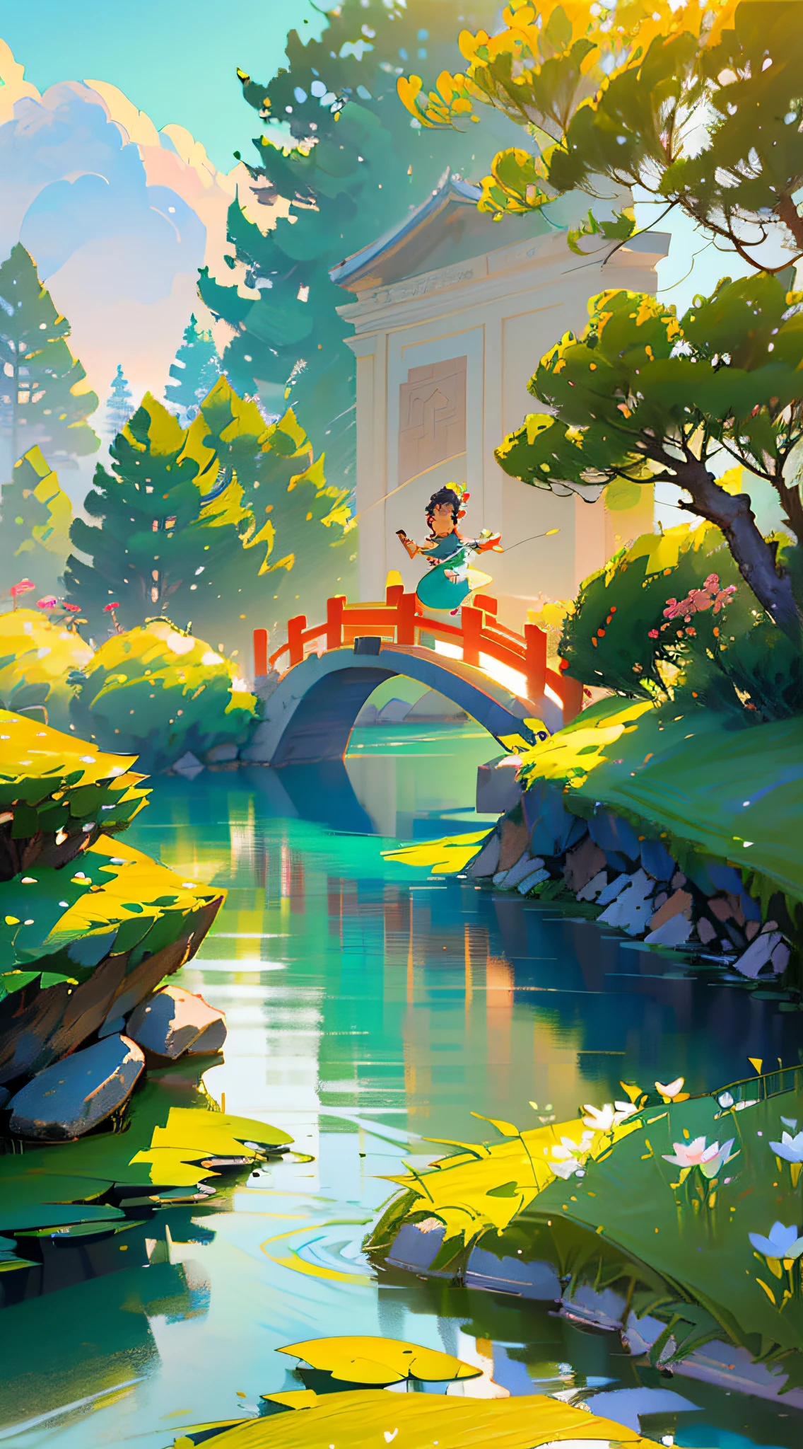 Ancient Chinese Garden, Sun, Day, Garden, Flowers in Bloom, Two Children in Play, Running Child, House, Ancient House, Lake, Stone Bridge, Arch, Tree, River, Meadow, Rock, Lotus, (Illustration: 1.0), Epic Composition, Realistic Lighting, HD Detail, Masterpiece, Best Quality, (Very Detailed CG Unified 8k Wallpaper), (Best Quality)