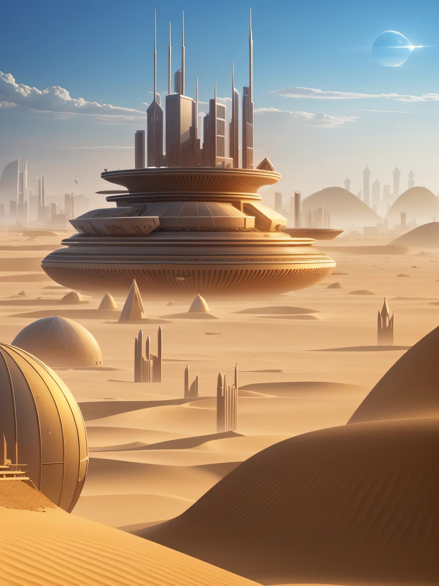 futuristic city, fantasy, 24th century, desert, floating city