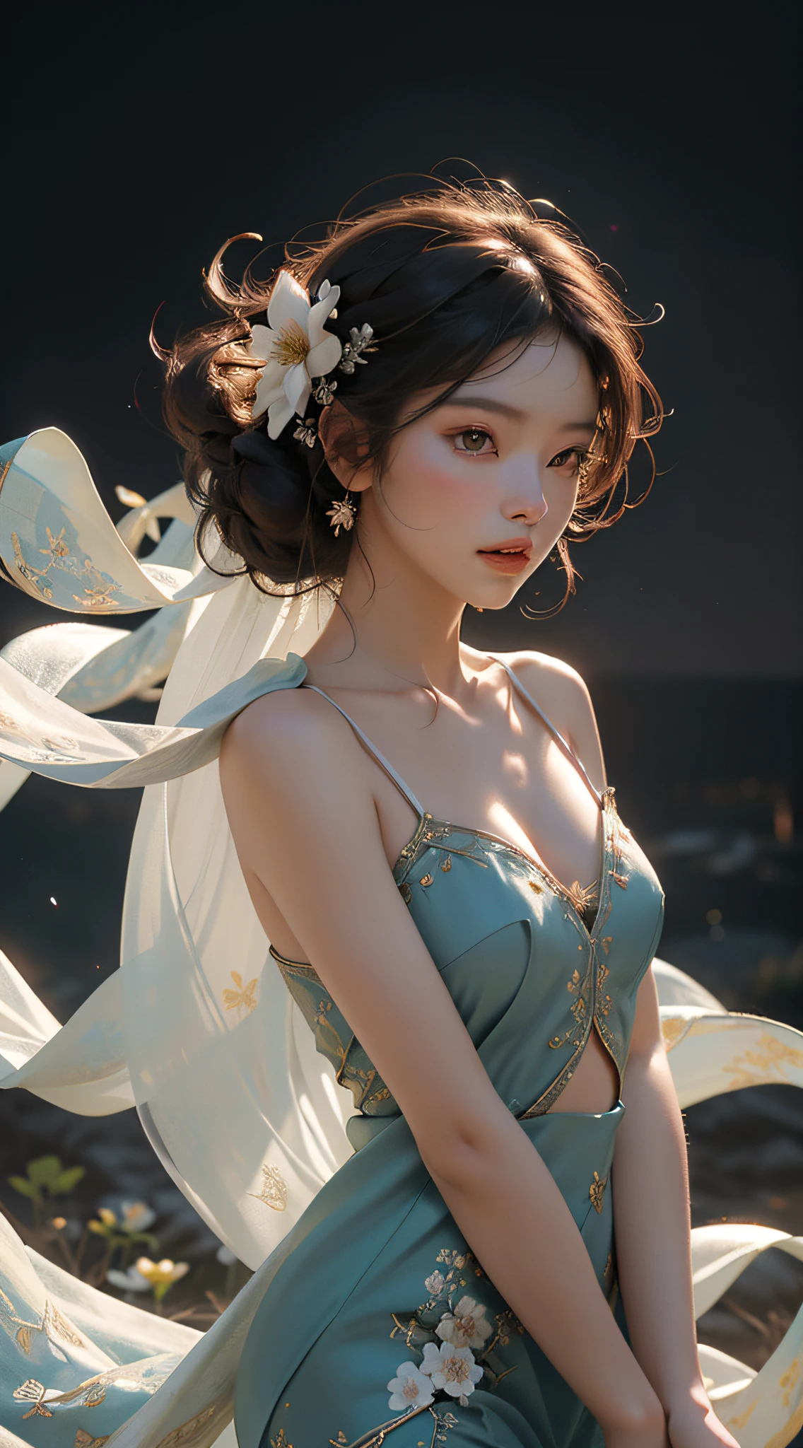 Super high quality, masterpiece, perfect illustration, extreme detail (exquisite light and shadow, highly dramatic picture,) Zhonghua, 1 girl, solo, hanfu, flower field, flowers, (white smoke:1.3) (realistic:1.4), zen entanglement, tangled, official art, Unity 8k wallpaper, super detailed, beautiful and beautiful, masterpiece, best quality, (dynamic angle: 1.4), glowing skin, (floating colorful flashes: 1) the most beautiful chaotic forms, elegant, brutalist design, bright colors, Romantic depth of field exotic_dance, half_naked