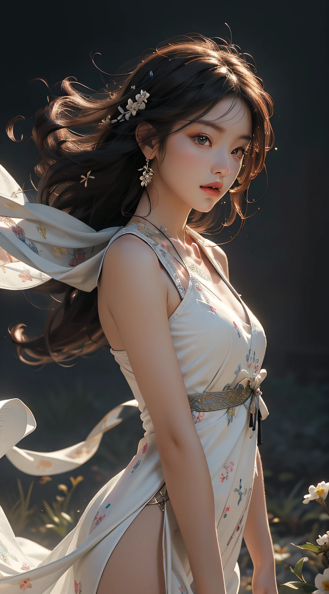Super high quality, masterpiece, perfect illustration, extreme detail (exquisite light and shadow, highly dramatic picture,) Zhonghua, 1 girl, solo, hanfu, flower field, flowers, (white smoke:1.3) (realistic:1.4), zen entanglement, tangled, official art, Unity 8k wallpaper, super detailed, beautiful and beautiful, masterpiece, best quality, (dynamic angle: 1.4), glowing skin, (floating colorful flashes: 1) the most beautiful chaotic forms, elegant, brutalist design, bright colors, Romantic depth of field exotic_dance, half_naked