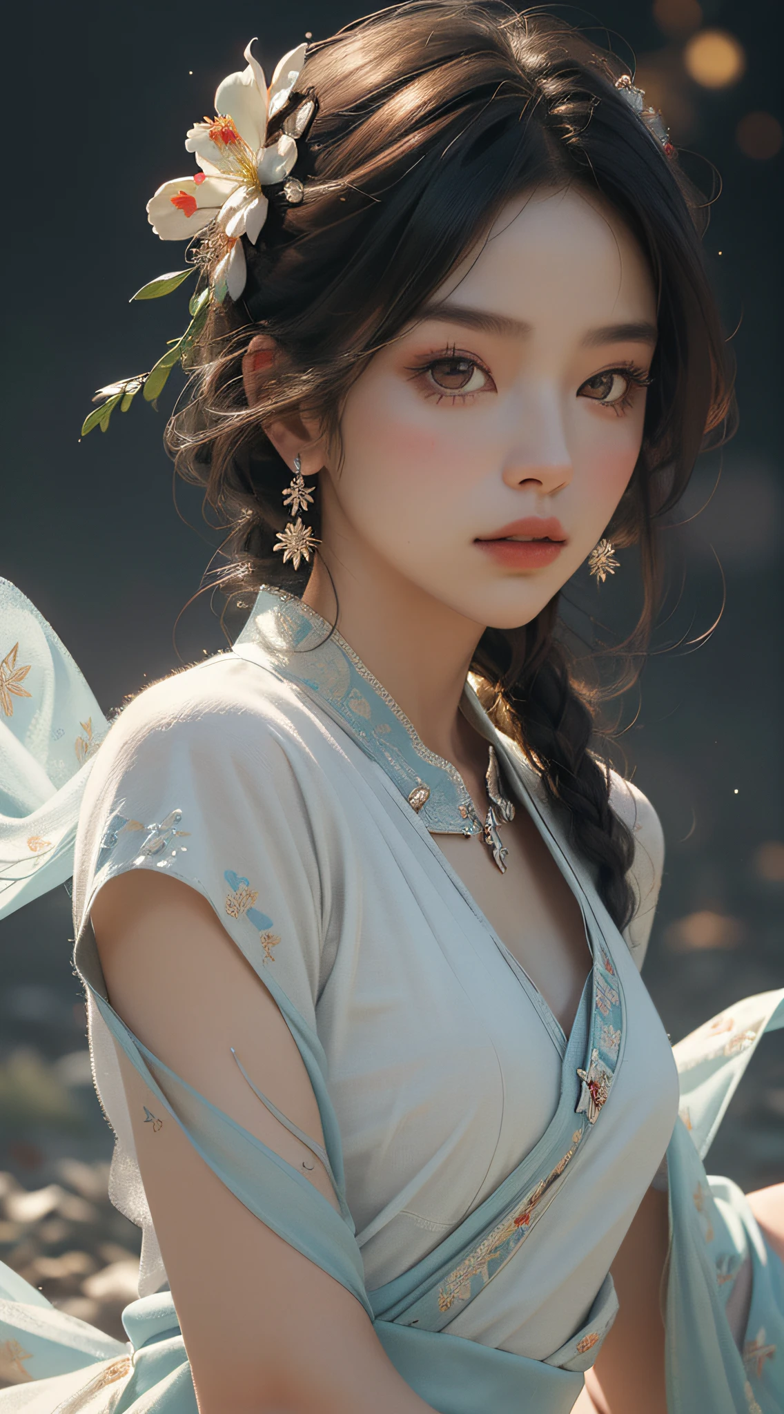 Super high quality, masterpiece, perfect illustration, extreme detail (exquisite light and shadow, highly dramatic picture,) Zhongfenghua, 1 girl, solo, hanfu, flower field, flowers, (white smoke: 1.3) (realistic:1.4), zen entanglement, red, black and white Hanfu, tangled, official art, Unity 8k wallpaper, super detailed, beautiful and beautiful, masterpiece, best quality, (dynamic angle: 1.4), glowing skin, (floating colorful glitter: 1) the most beautiful chaotic form, elegant, brutalist design, Bright colors, romantic depth of field exotic_dance, half_naked