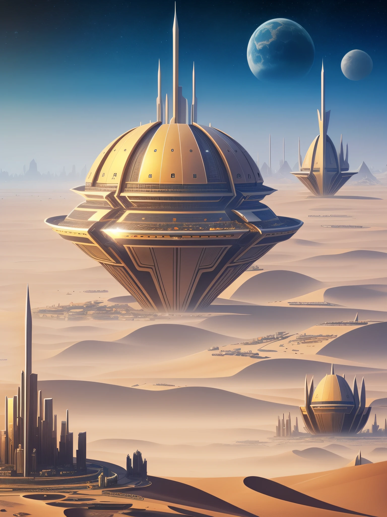 futuristic city, fantasy, 24th century, desert, floating city