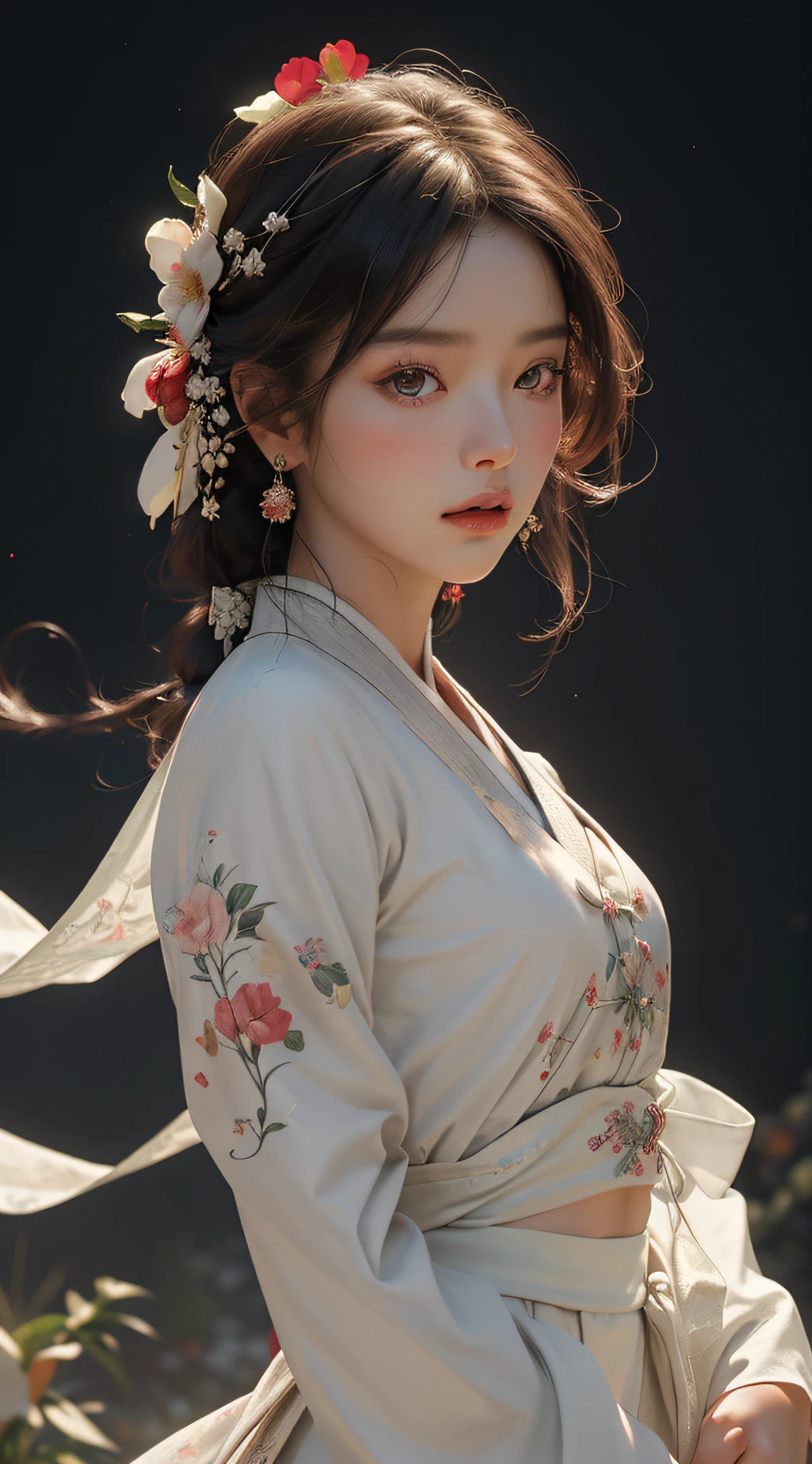 Super high quality, masterpiece, perfect illustration, extreme detail (exquisite light and shadow, highly dramatic picture,) Zhongfenghua, 1 girl, solo, hanfu, flower field, flowers, (white smoke: 1.3) (realistic:1.4), zen entanglement, red, black and white Hanfu, tangled, official art, Unity 8k wallpaper, super detailed, beautiful and beautiful, masterpiece, best quality, (dynamic angle: 1.4), glowing skin, (floating colorful glitter: 1) the most beautiful chaotic form, elegant, brutalist design, Bright colors, romantic depth of field exotic_dance, half_naked