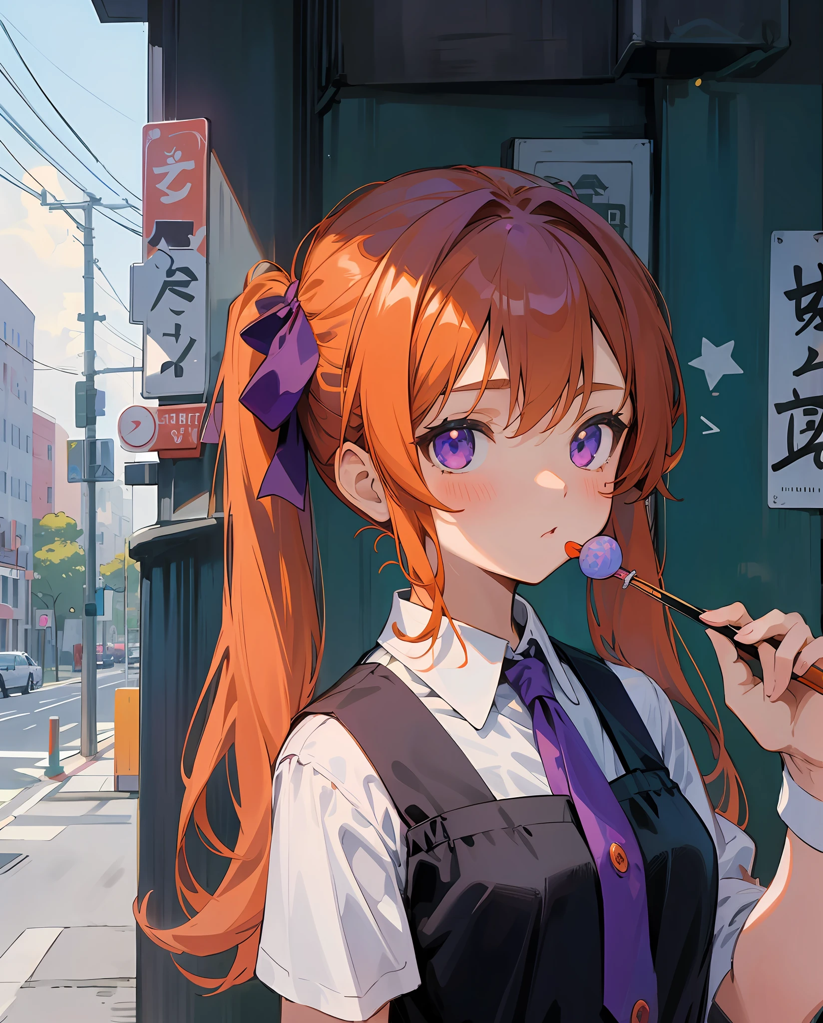 Masterpiece, a cute anime girl, orange hair, shoulder-length double ponytail, red bow tied in ponytail, purple eyes, flat corners of the eyes, expressionless, three nil, white shirt with red bow at the neckline, black slip dress, street corner, holding a starry sky lollipop in his hand