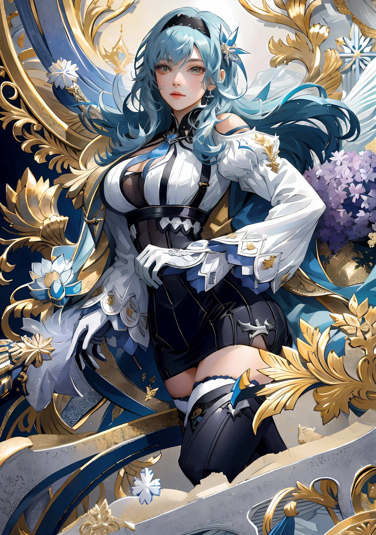masterpiece, super detail, high quality, high resolution, high detail, face detail, ((masterpiece, best quality)), (1girl),((mature female)), lightblue hair,thighhighs, hairband, thighs, long sleeves, gloves, bangs, dark golden yellow eyes, medium hair, leotard, hair ornament, black hairband, shoulder cutout, black thighhighs, blue necktie, (large breasts:1.2), (busty),armpits, tying hair,curvy,cleavage,confident, [wide hips], royal background