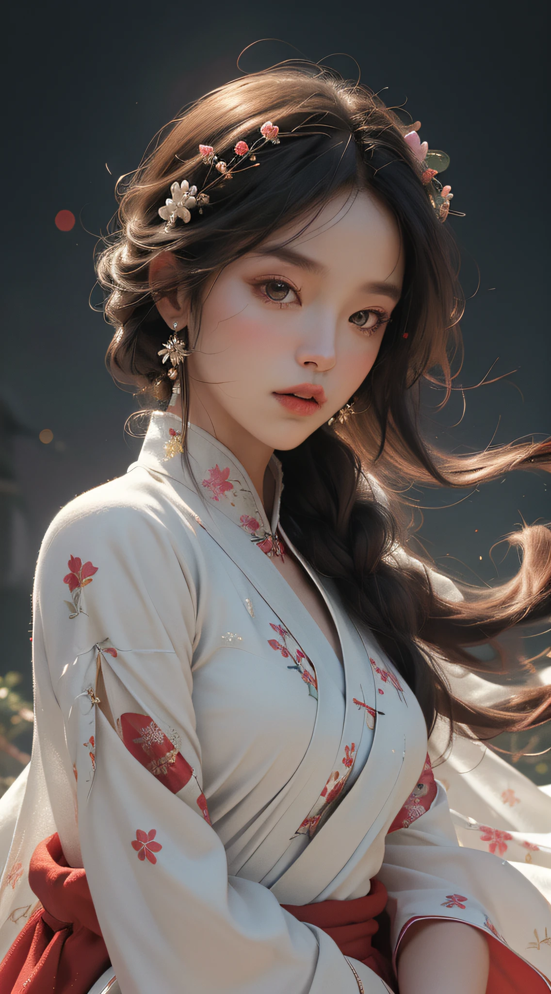 Super high quality, masterpiece, perfect illustration, extreme detail (exquisite light and shadow, highly dramatic picture,) Zhongfenghua, 1 girl, solo, hanfu, flower field, flowers, (white smoke: 1.3) (realistic:1.4), zen entanglement, red, black and white Hanfu, tangled, official art, Unity 8k wallpaper, super detailed, beautiful and beautiful, masterpiece, best quality, (dynamic angle: 1.4), glowing skin, (floating colorful glitter: 1) the most beautiful chaotic form, elegant, brutalist design, Bright colors, romantic depth of field exotic_dance, half_naked