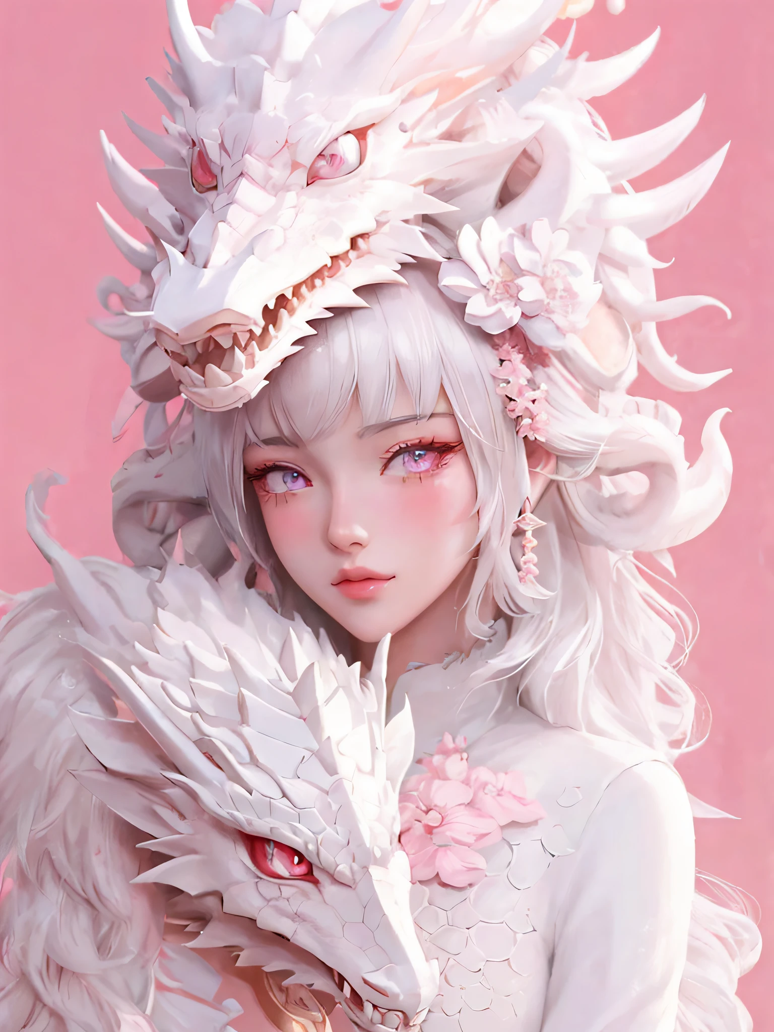 Close-up of a person in a white dress and white hat, dragon girl portrait, dragon girl, complex gorgeous anime CGI style, cute detailed digital art, Guweiz style artwork, CGSTATION trend, detailed digital anime art, Guweiz, super detailed fantasy characters, 8K high quality detail art, fantasy art style, 4 models, HD