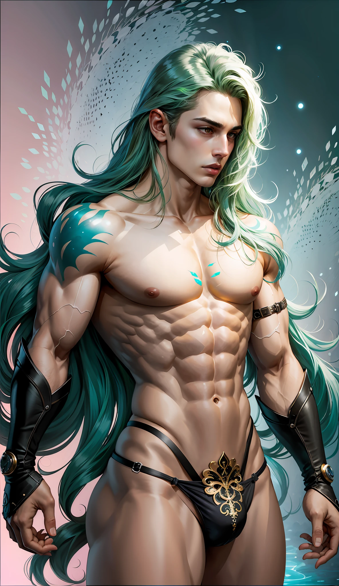 (masterpiece, best quality), man, wearing micro thong, see-through thong , mushroom water world, wide angle, athletic body, male, iridescent skin, flat chest, silver eyes, green hair styled in spikes, determined expression, bioluminescent lighting, small waist, broad chest, big mane, slim scruffy, muscular , illustration, watercolor ink sketch, (best quality)), intricate detailed,solo, masterpiece,