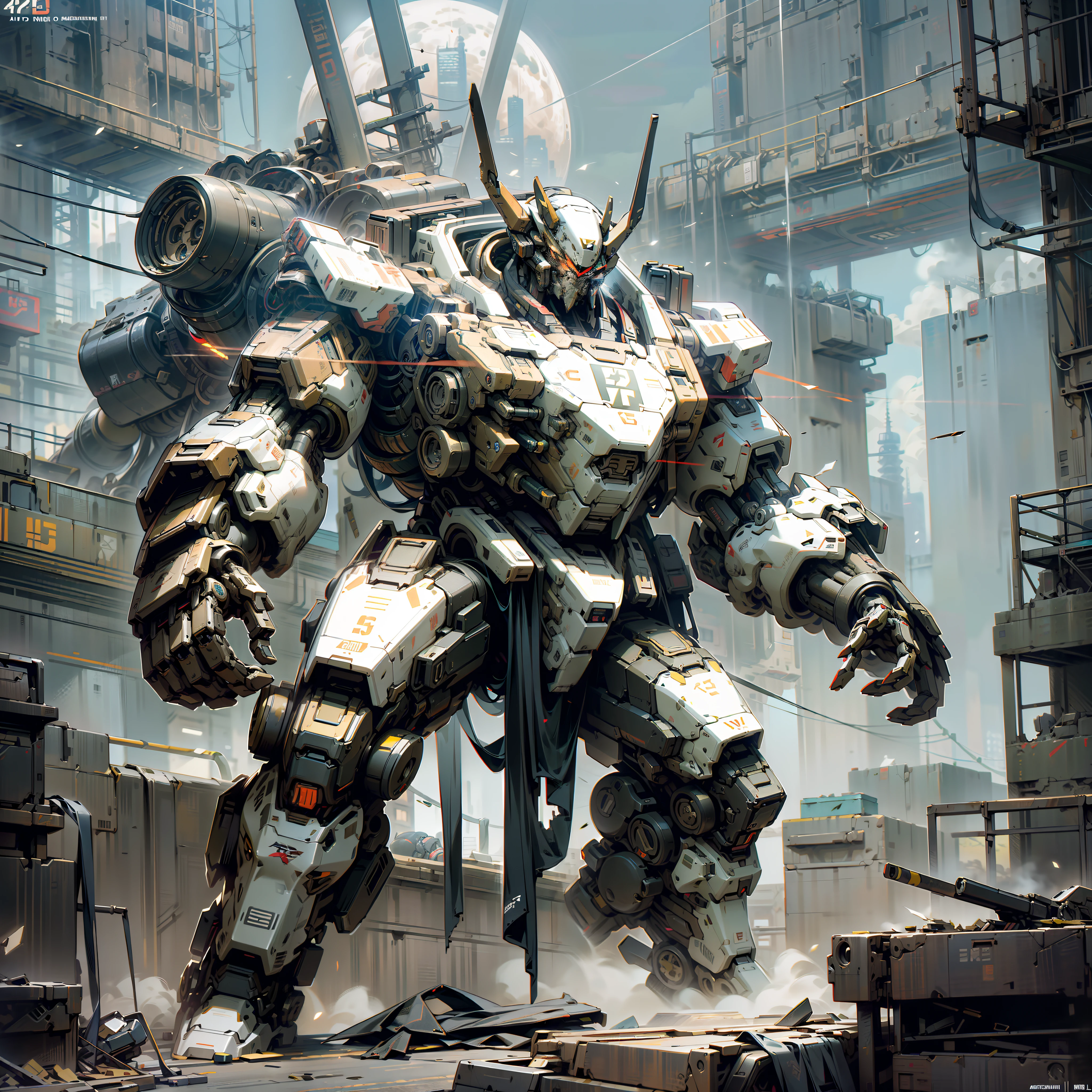Cyberpunk, best quality, masterpiece, bison mecha, unmanned, full body, bull head, mechanical marvel, strong, moon, ruined city, highest quality digital art, stunning art, wallpaper 4k, highly detailed, military robot, army, war zone, dynamic lighting, movie, epic, damaged mechanical parts --auto --s2