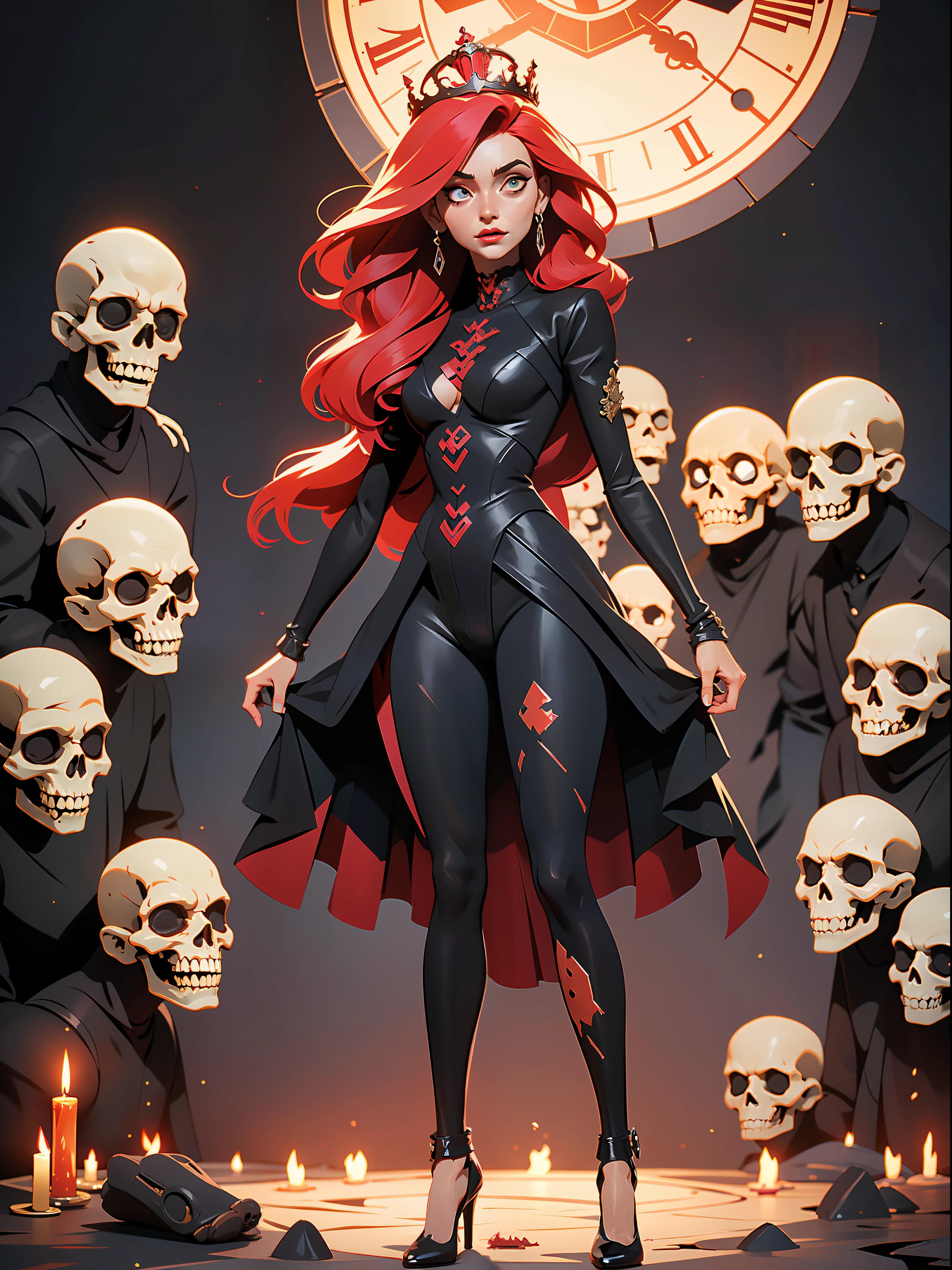 ((Best quality)), ((masterpiece)), (detailed: 1.4), (Absurd), Spawn woman, reborn from hell with several small demons and skeletons at her feet, beautiful, red hair, long shed with her legs out, crown with two long ciphers, full body, perfect body, generous neckline, hellish scene