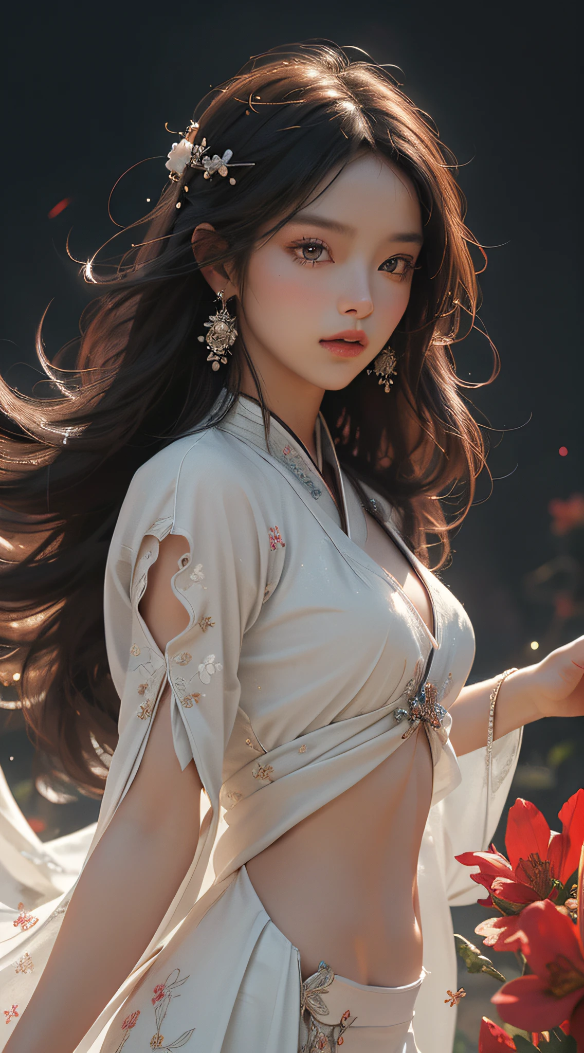 Super high quality, masterpiece, perfect illustration, extreme detail (exquisite light and shadow, highly dramatic picture,) Zhongfenghua, 1 girl, solo, hanfu, flower field, flowers, (white smoke: 1.3) (realistic:1.4), zen entanglement, red, black and white Hanfu, tangled, official art, Unity 8k wallpaper, super detailed, beautiful and beautiful, masterpiece, best quality, (dynamic angle: 1.4), glowing skin, (floating colorful glitter: 1) the most beautiful chaotic form, elegant, brutalist design, Bright colors, romantic depth of field exotic_dance, half_?????