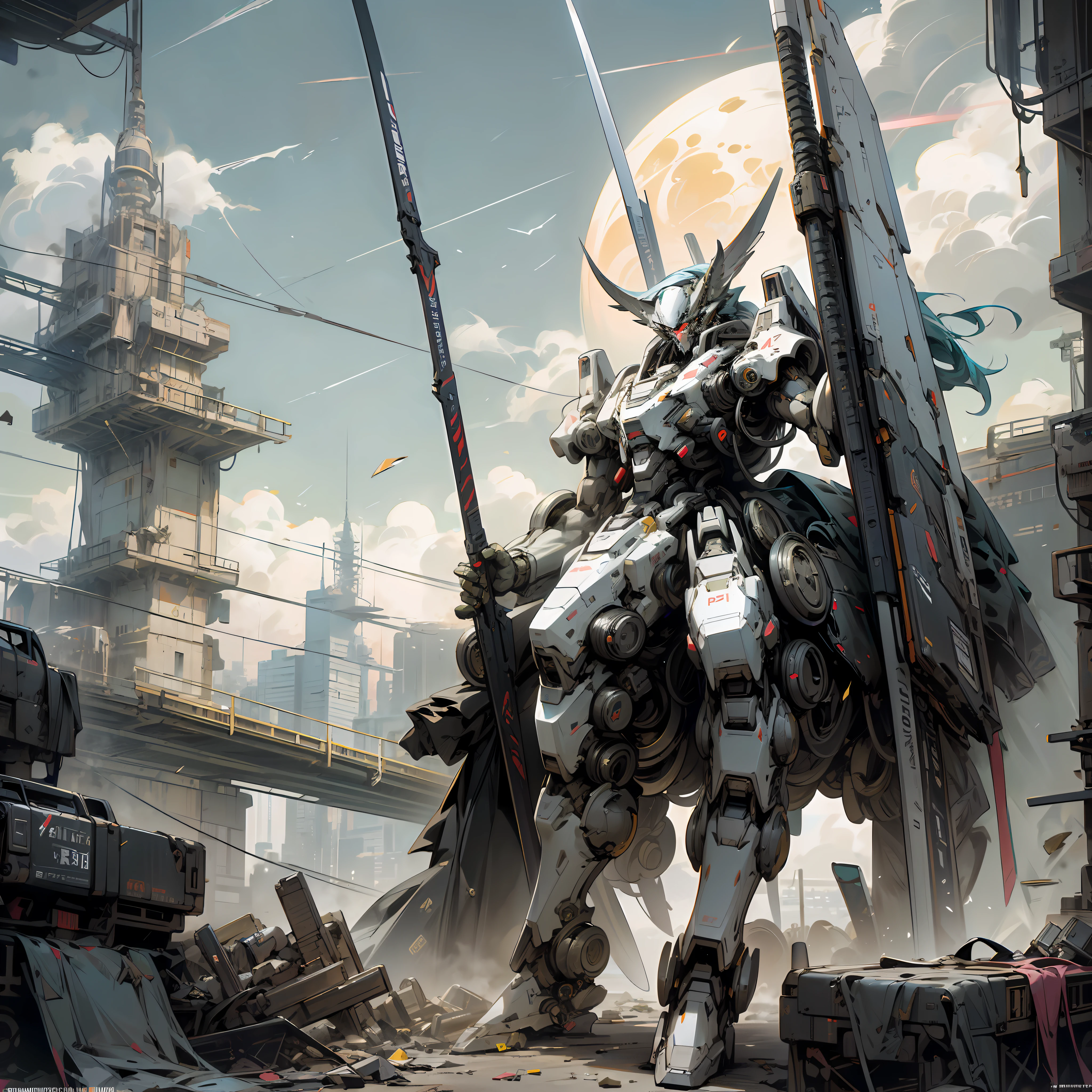 Cyberpunk, Best Quality, Masterpiece, Centaur Mecha, Unmanned, Full Body, Right Hand with Spear Weapon, Mechanical Marvel, Strong and Powerful, Moon, Ruined City, Highest Quality Digital Art, Stunning Art, Wallpaper 4K, Highly Detailed, Military Robots, Army, Warzone, Dynamic Lighting, Movies, Epics, Damaged Mechanical Parts