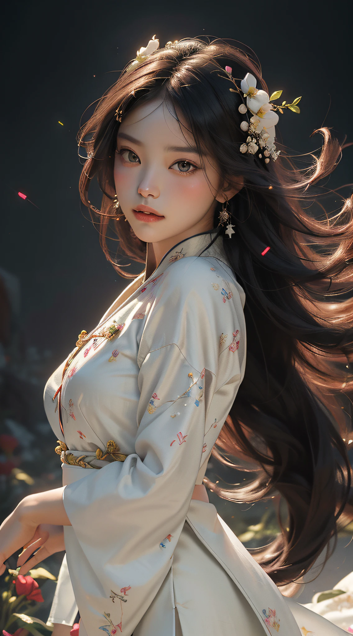 Super high quality, masterpiece, perfect illustration, extreme detail (exquisite light and shadow, highly dramatic picture,) Zhongfenghua, 1 girl, solo, hanfu, flower field, flowers, (white smoke: 1.3) (realistic:1.4), zen entanglement, red, black and white Hanfu, tangled, official art, Unity 8k wallpaper, super detailed, beautiful and beautiful, masterpiece, best quality, (dynamic angle: 1.4), glowing skin, (floating colorful glitter: 1) the most beautiful chaotic form, elegant, brutalist design, Bright colors, romantic depth of field exotic_dance, half_naked
