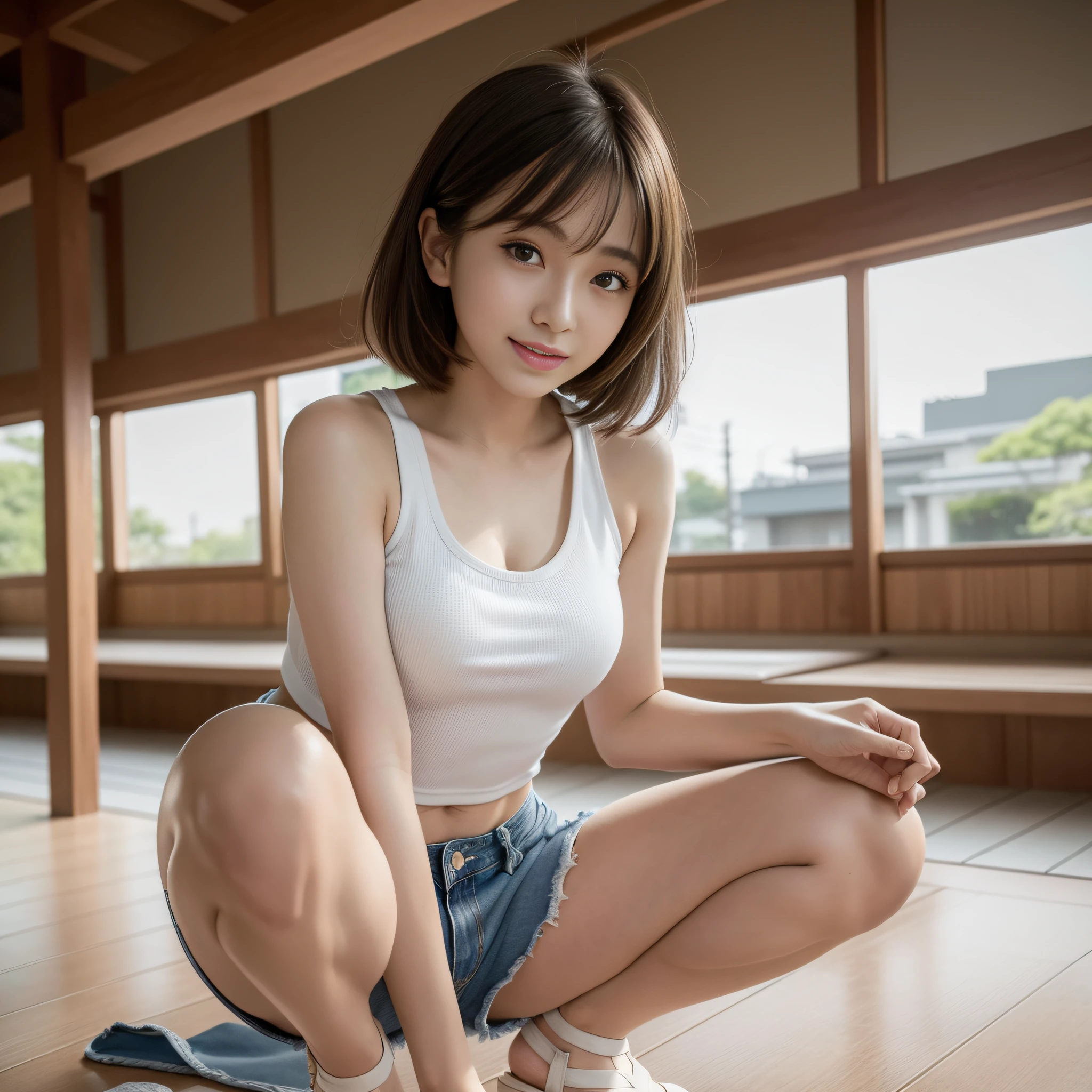 Araf woman in white tank top and denim shorts posing for photo, Sakura Miyawaki, photo of slim girl model, Japan woman fashion model, female model, fashion model, thin waist, Larisa Manoval, squatting, open legs, frontal, sand, smile,