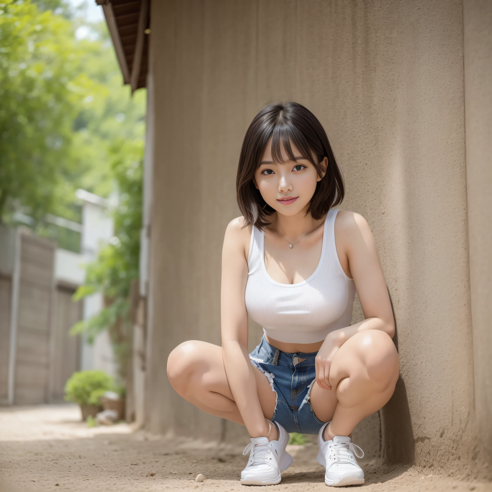 Araf woman in white tank top and denim shorts posing for photo, Sakura Miyawaki, photo of slim girl model, Japan woman fashion model, female model, fashion model, thin waist, Larisa Manoval, squatting, open legs, frontal, sand, smile,