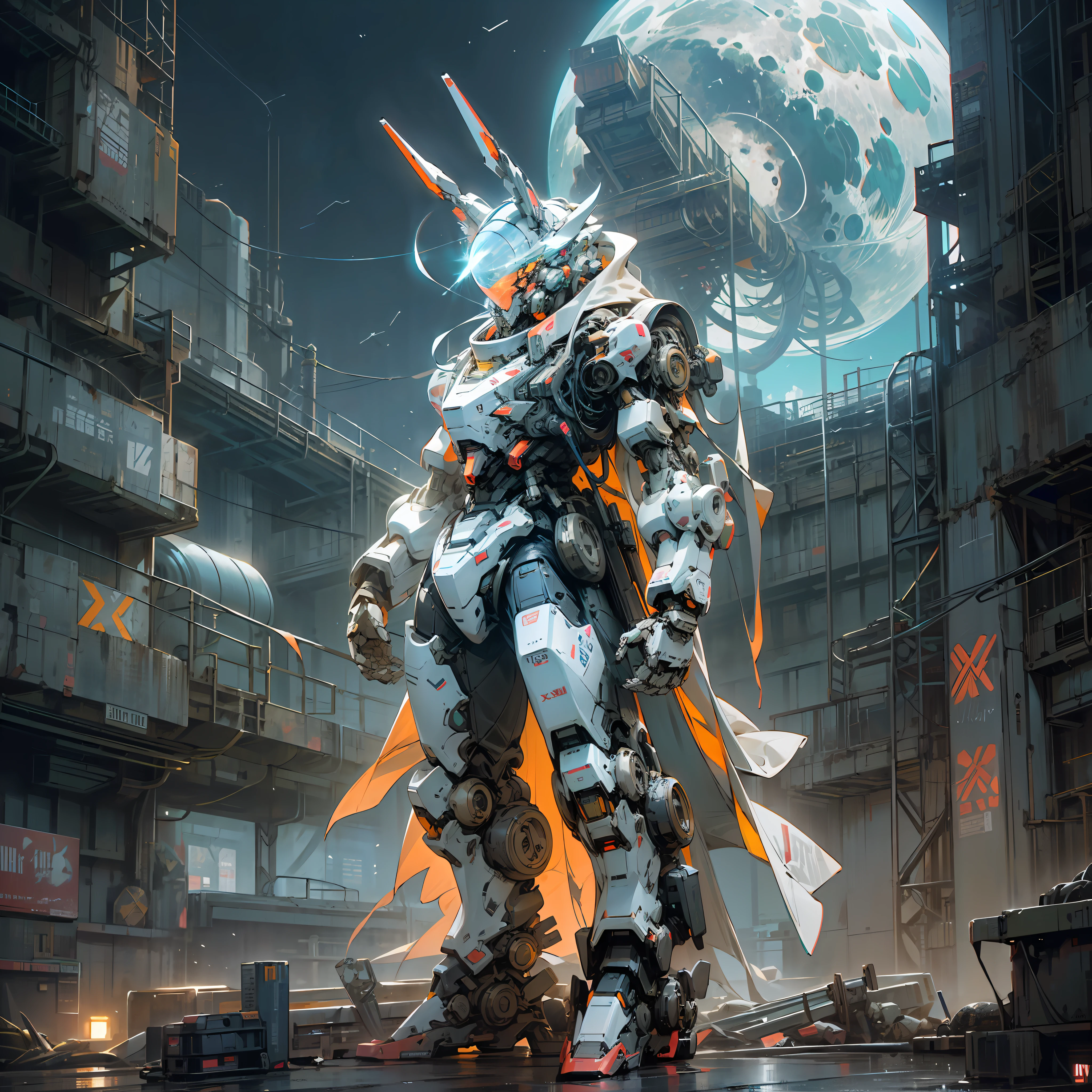 On the Moon, Barren Planet, Ruins, Holding Weapons, No Humans, Glowing, Full Body, Robot, Light Mech, Head in Mechanical Style Rabbit Head, Building, Glowing Eyes, White Mech, Science Fiction, City, Reality, Mecha, Galactic Background, Neon, Cyberpunk