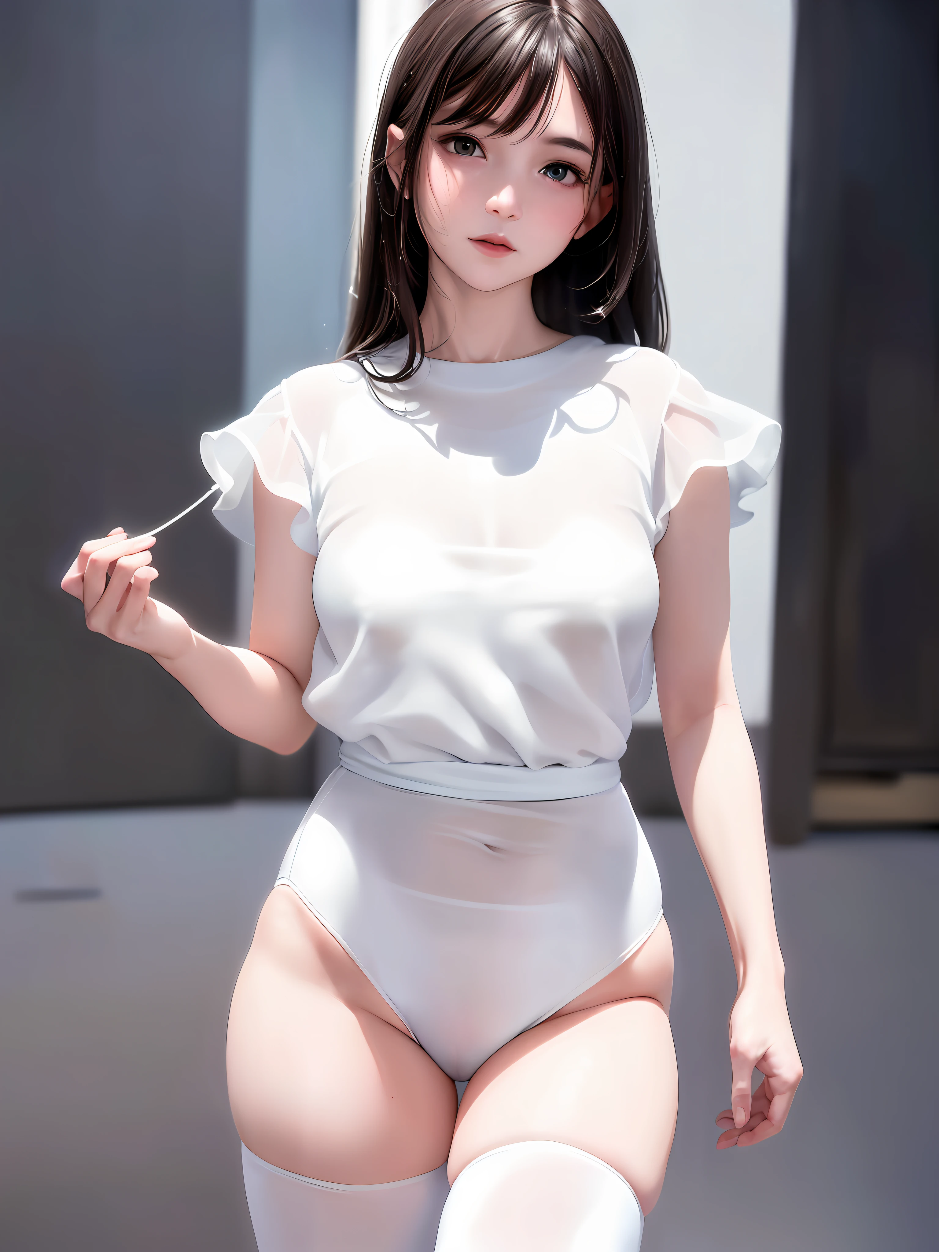 1 girl, full body, indistinct, detailed clothes,white tights, indistinct, casual white shirt, (delicate illustration:1.4),(masterpiece:1.0), (best quality:1.4), (ultra highres:1.2), (photorealistic:1.4), (8k, RAW photo:1.2), (soft focus:1.4), (18yo:1.3), (sharp focus:1.4), detailed beautiful face, wet cameltoe, nsfw