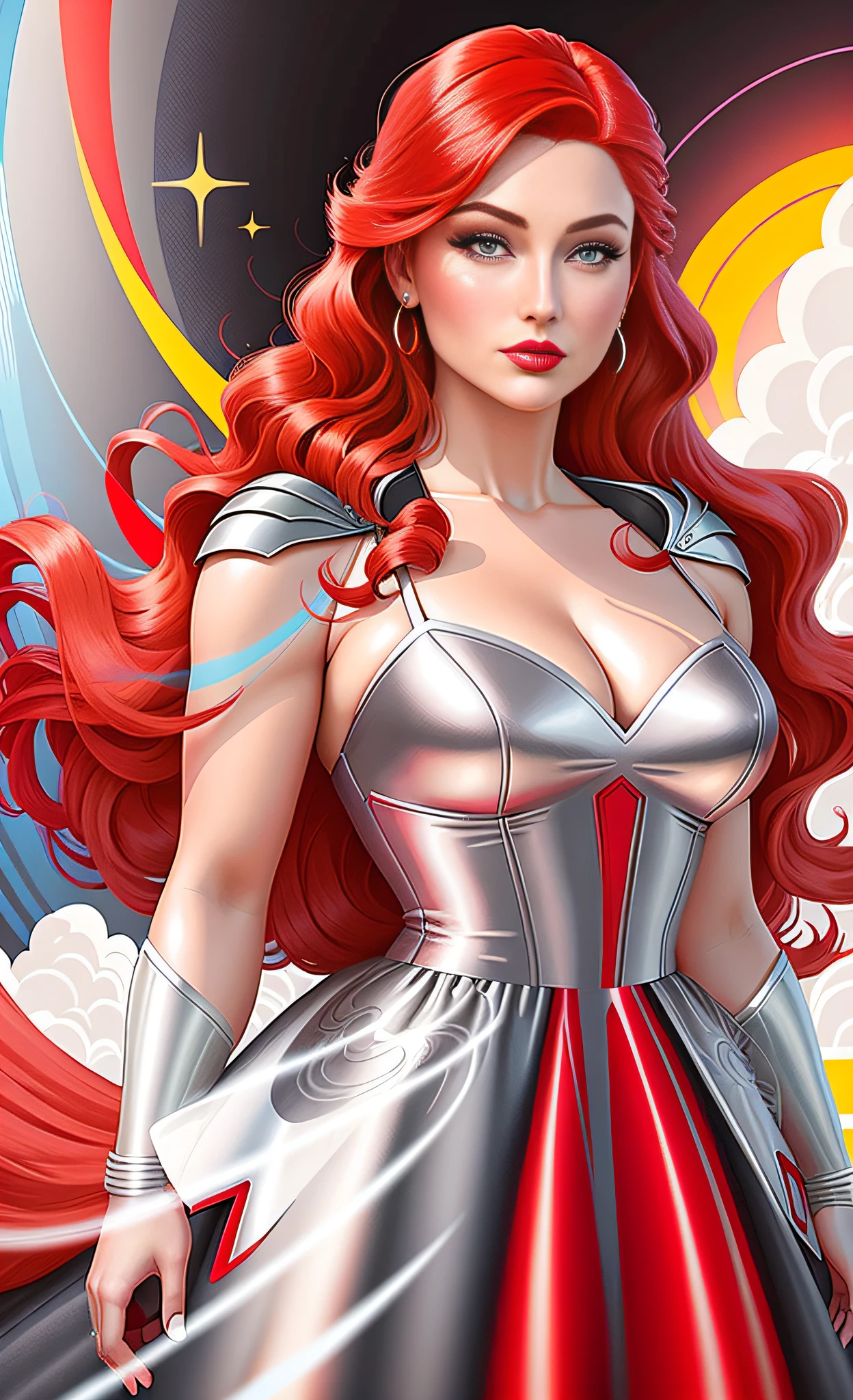 A closeup of Drew Barrymoore, long red hair in a gray dress, portrait of modern Darna, in digital illustration style, Drew Barrymoore in a gala dress, beautiful retro art, Jen Bartel, full art illustration, beautiful avatar photos, colorful illustration, gorgeous, flowing red hair, colorful digital illustration, --seed 45