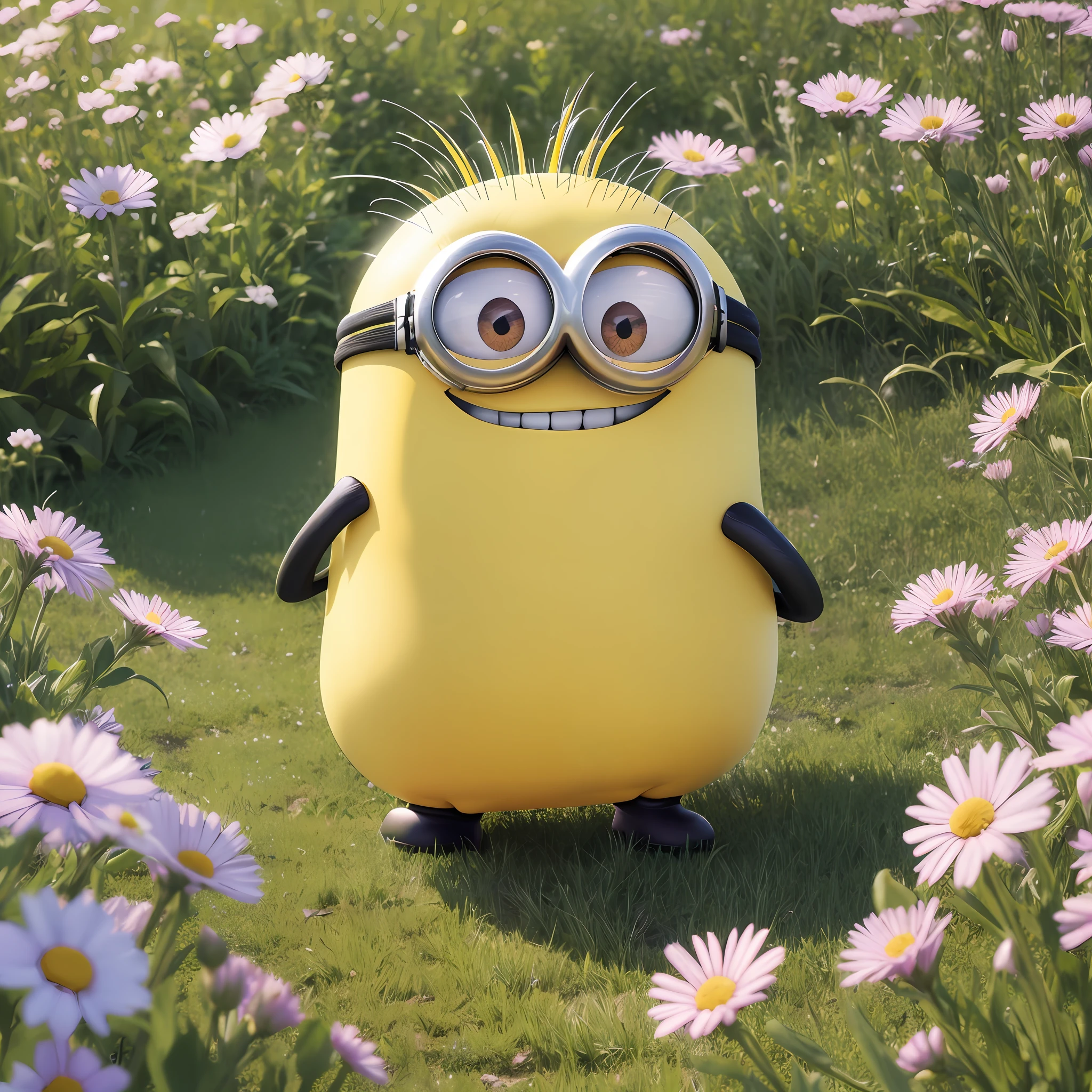 Ultra detailed wallpaper of a laughing minion(Stuart) in the beautiful flowers field, 8k resolution wallpaper --auto --s2