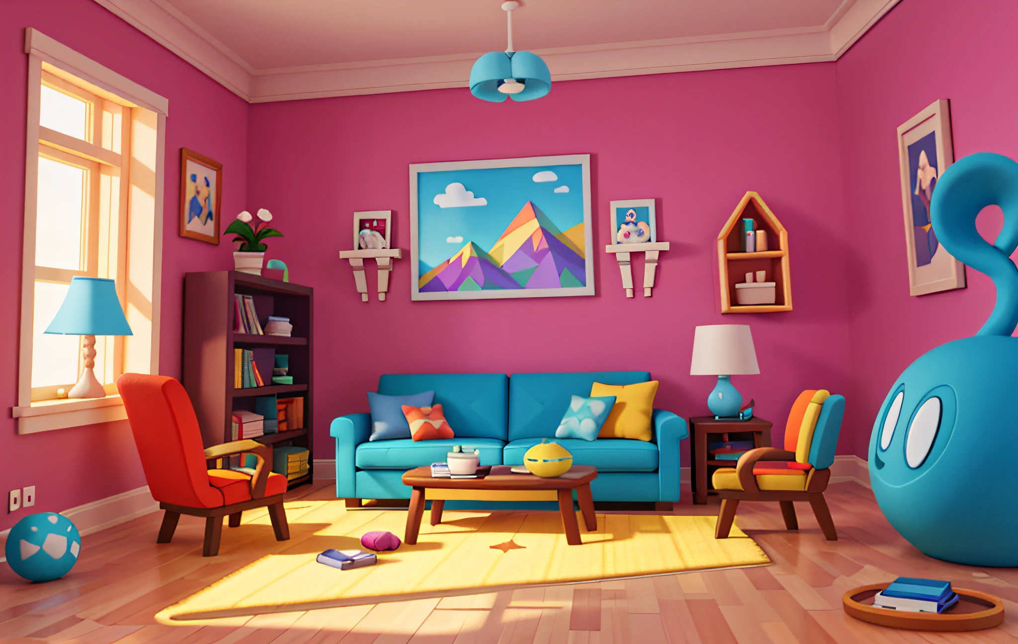Cartoon style, polygon, game architecture design, fantasy, living room, creative, best detail, 3d, blender, masterpiece, best quality, cartoon rendering, 8K