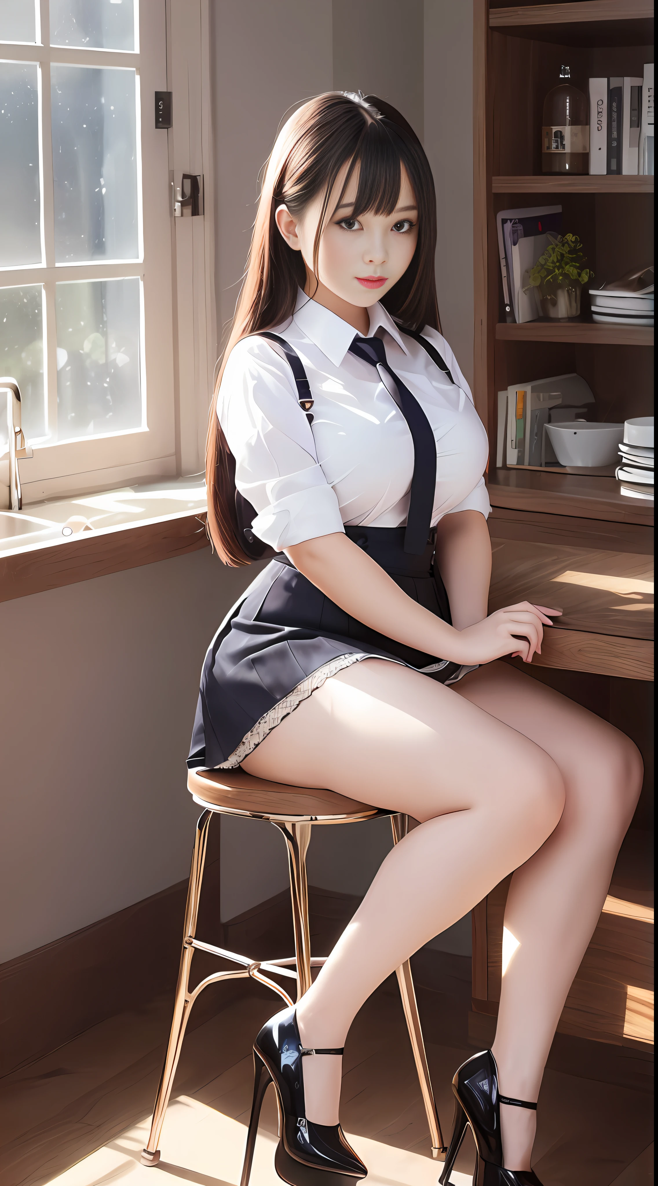 A beautiful beauty, royal sister Fan, work professional clothes, white shirt, short bag skirt, suspender stockings, high heels, sitting on a high chair, long legs, sexy, translucent, sexy plump, slightly fat, full body