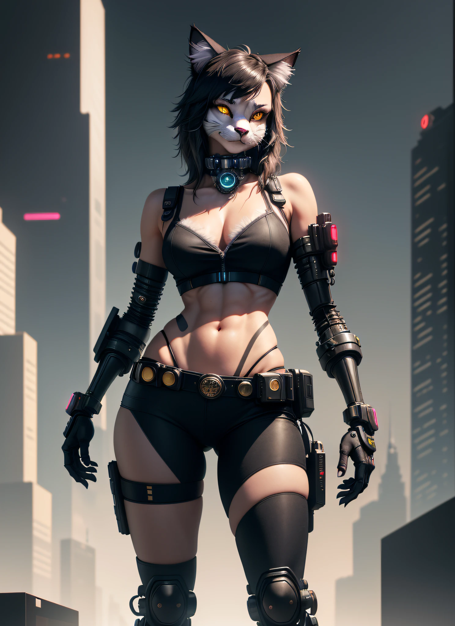 ((furry: 1.2)), (furry, anthropomorphic cat, best quality: 1.2)), ((hairy)), standing, (cybernetic eye), defined abdominal, (thin waist), wide hip, , ((cyberpunk city background)), (hands on waist), trend in artstation, soft lighting,