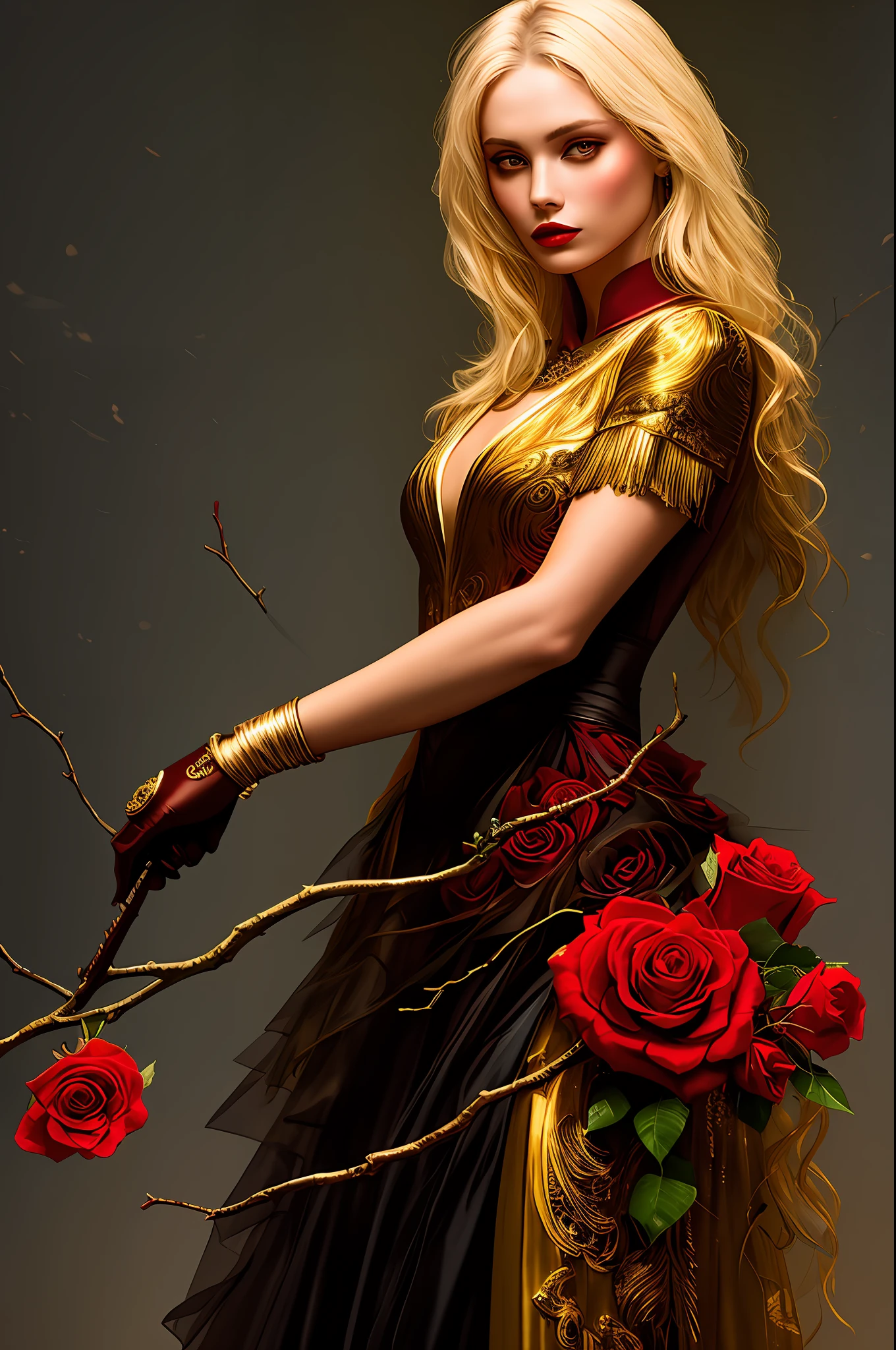 Woman wearing clothes with golden details in a dark setting, and red rose branches with thorns around her