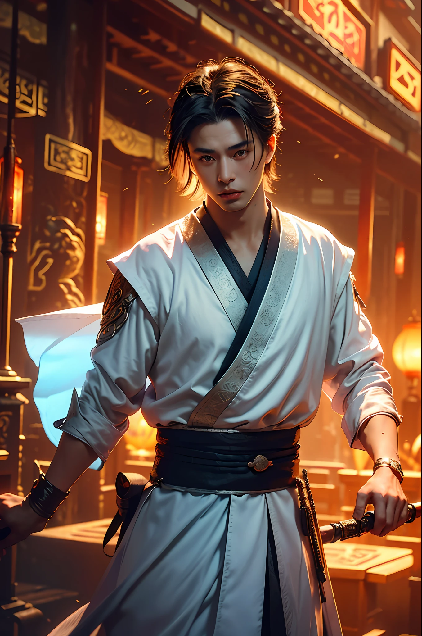 Best Quality, Masterpiece, Ultra High Resolution, (Realistic: 1.4), Xiuxian, Weapon, Detail Face, 1 Boy, Solo, Weapon, (Magic Circle: 1.2), Xiuxian, Upper Body, Beautiful Boy, ((((Varied Handsome)))), Full Body, East Asian Architecture, Sheath, Building,