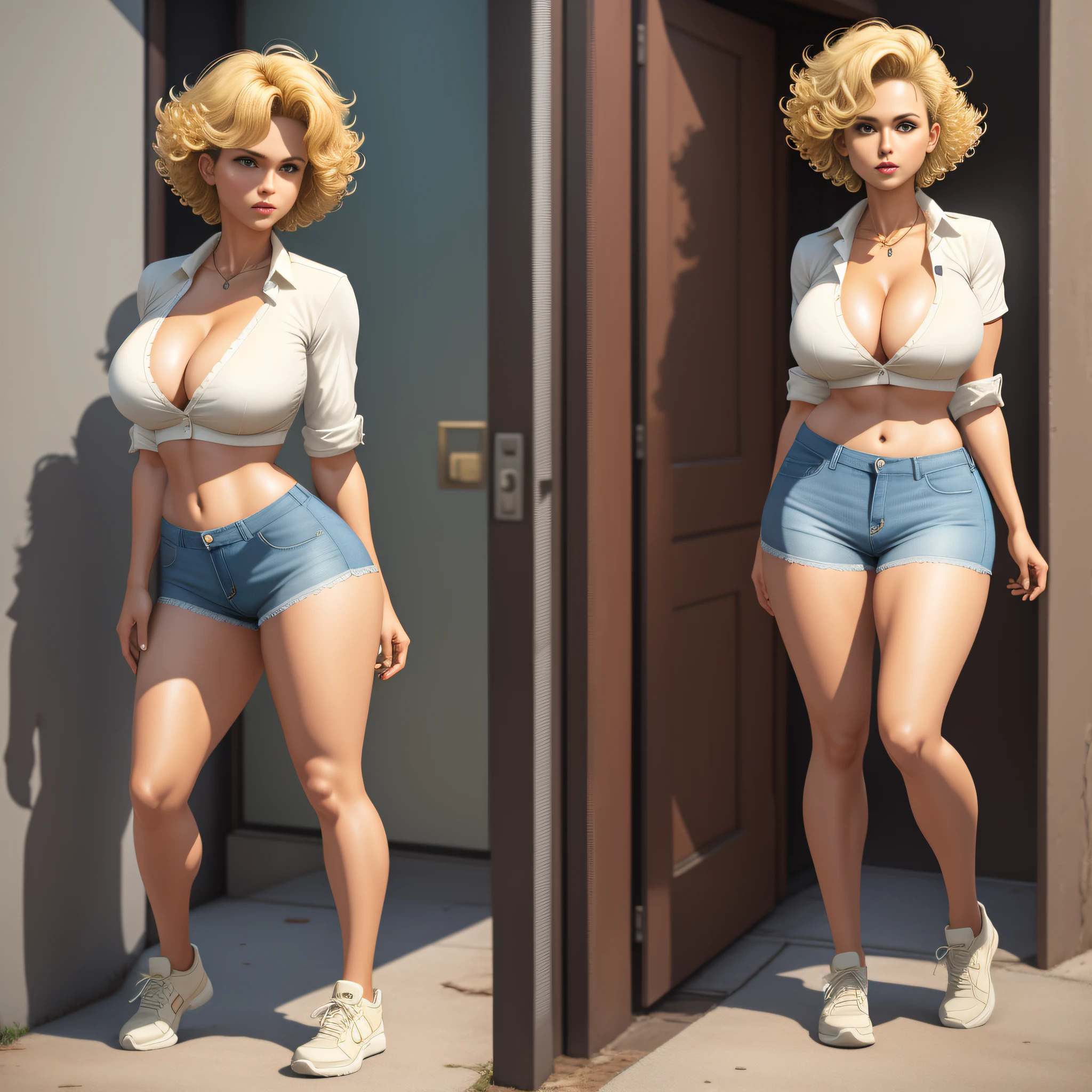 full body portrait, Lara Croft, 1980s \(style\), 1 anime girl, blonde hair, retro artstyle, short curly hair, solo, unbutton_shirt, (natural_breasts:1.2), medium_breasts, cleavage, white bra showing, lace white bra, full body shot, model pose, shoes visible, ass view, face view, multiple viwes,