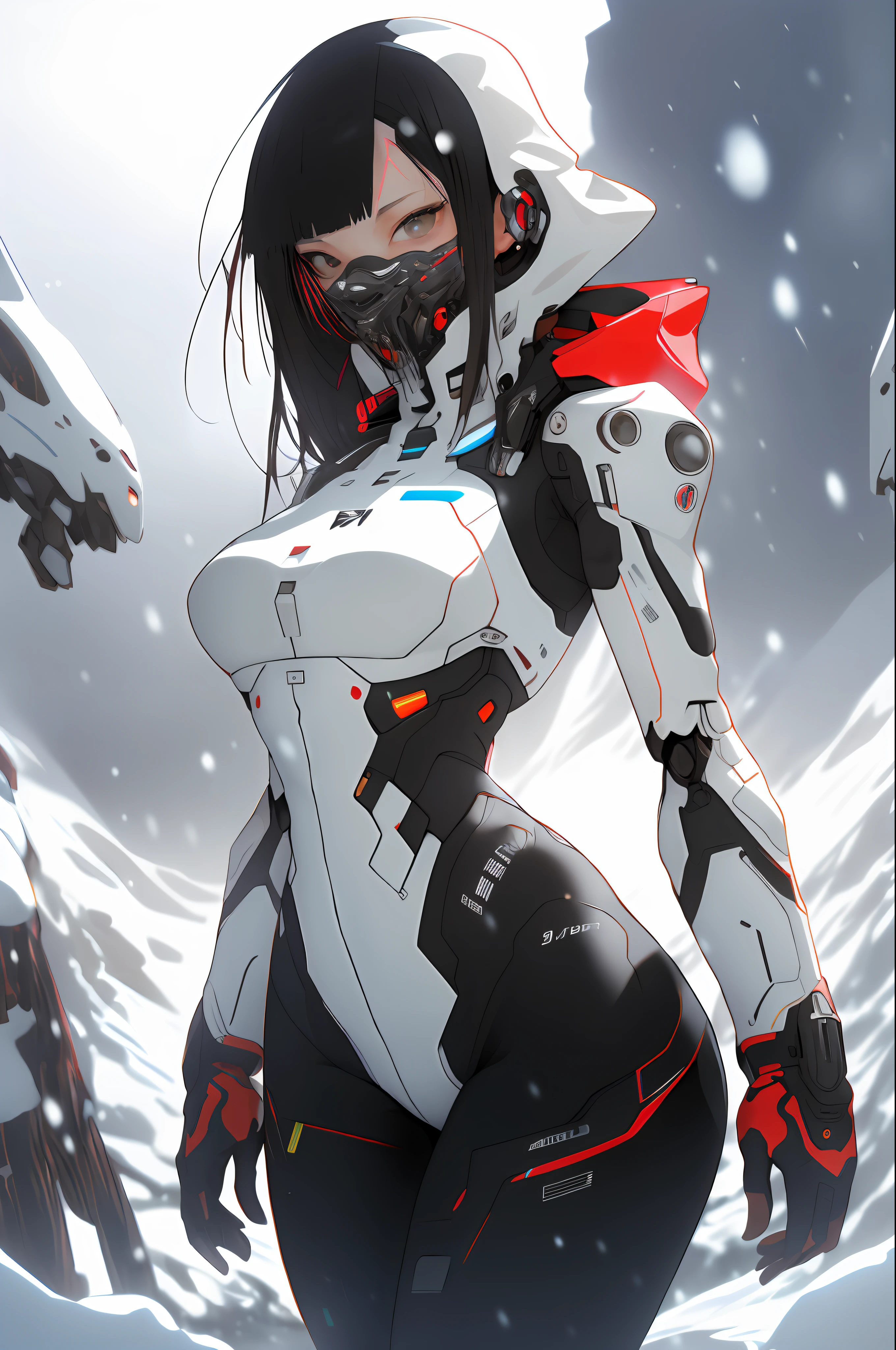 sh4g0d, Eskimo girl, wearing metal mask, thin tubes coming out of the mask((White fur clothing)))), ((Best quality)), ((masterpiece)), (detailed: 1.4), (Absurd), ((ouka_studio)), (((snow))), white military camouflage, Robot Pilot Asian woman ready for war, front walking, leather hood and yak skin, defined muscular sculptural body, half-thick thighs covered by a wide fabric pants,  mouth closed, technological clothing on top, Neon Genesis Evangelion style, cyberpunk, generous neckline, ((perfect medium breasts)), (brown pulled eyes without pupils), (((totally white and red clothing)), (((hair fulfilled half black, half white bangs on the forehead)))), (leather glove and yak skin), long eyelashes heavy makeup, mini skirt, garter belt, by mucha, niji --V5,  near real, psychopathic, crazy face, sexy pose, background with icy mountains, 2 piece clothing, pastel, centered, scale to fit dimensions, HDR (High Dynamic Range),Ray Tracing,NVIDIA RTX,Super-Resolution,Unreal 5,Subsurface dispersion, PBR texture, Post-processing, Anisotropic filtering, Depth of field, Maximum clarity and sharpness, Multilayer textures, Albedo and specular maps, Surface shading,  Accurate simulation of light-material interaction, Perfect proportions, Octane Render, Two-tone lighting, Wide aperture, Low ISO, White balance, Rule of thirds, 8K RAW, crysisnanosuit