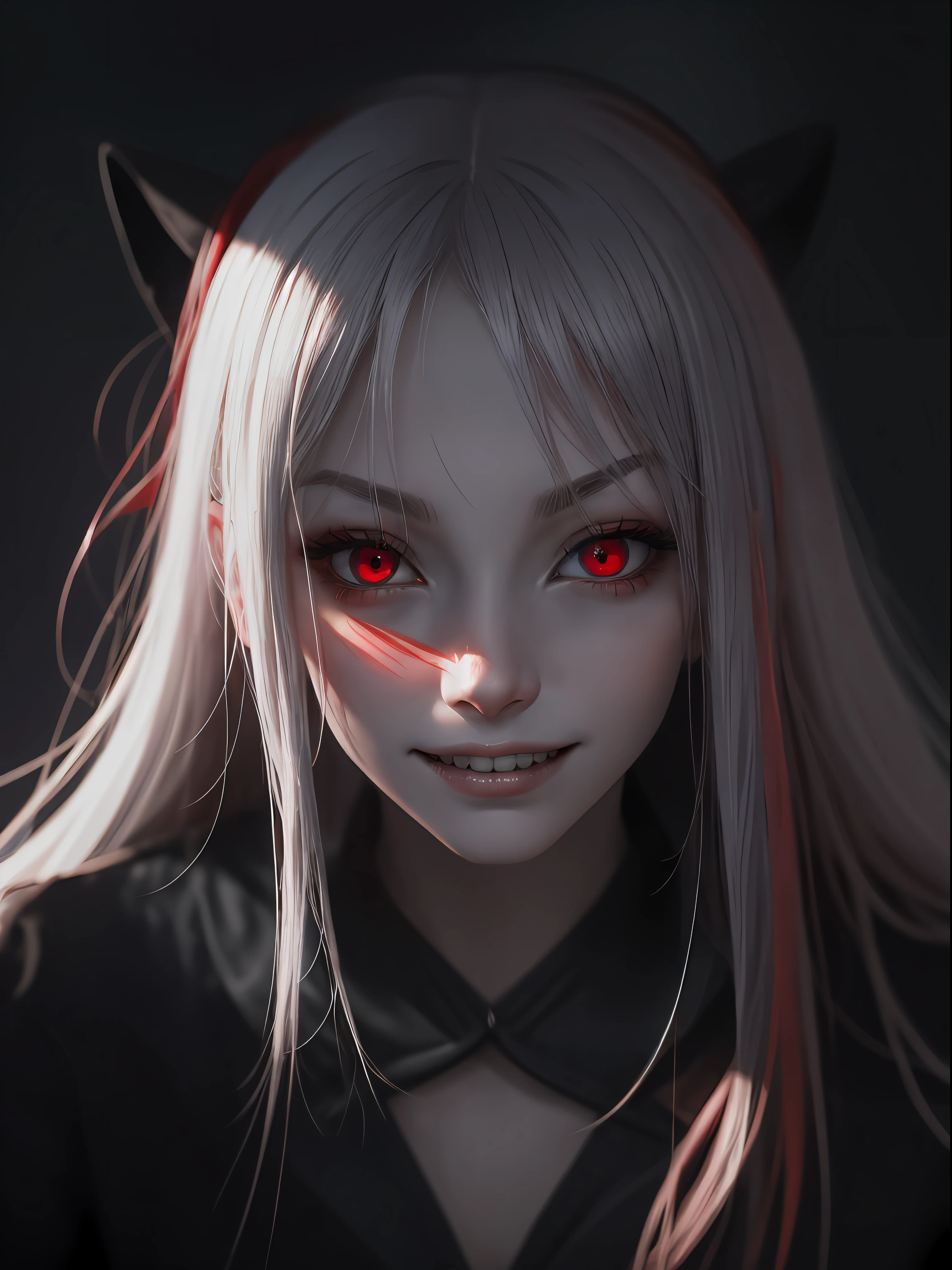 (reminiscent, captivating, and dreamy atmosphere),(malicious gaze with red eyes, porcelain skin, a mischievous smile), their decomposing face with exposed teeth.