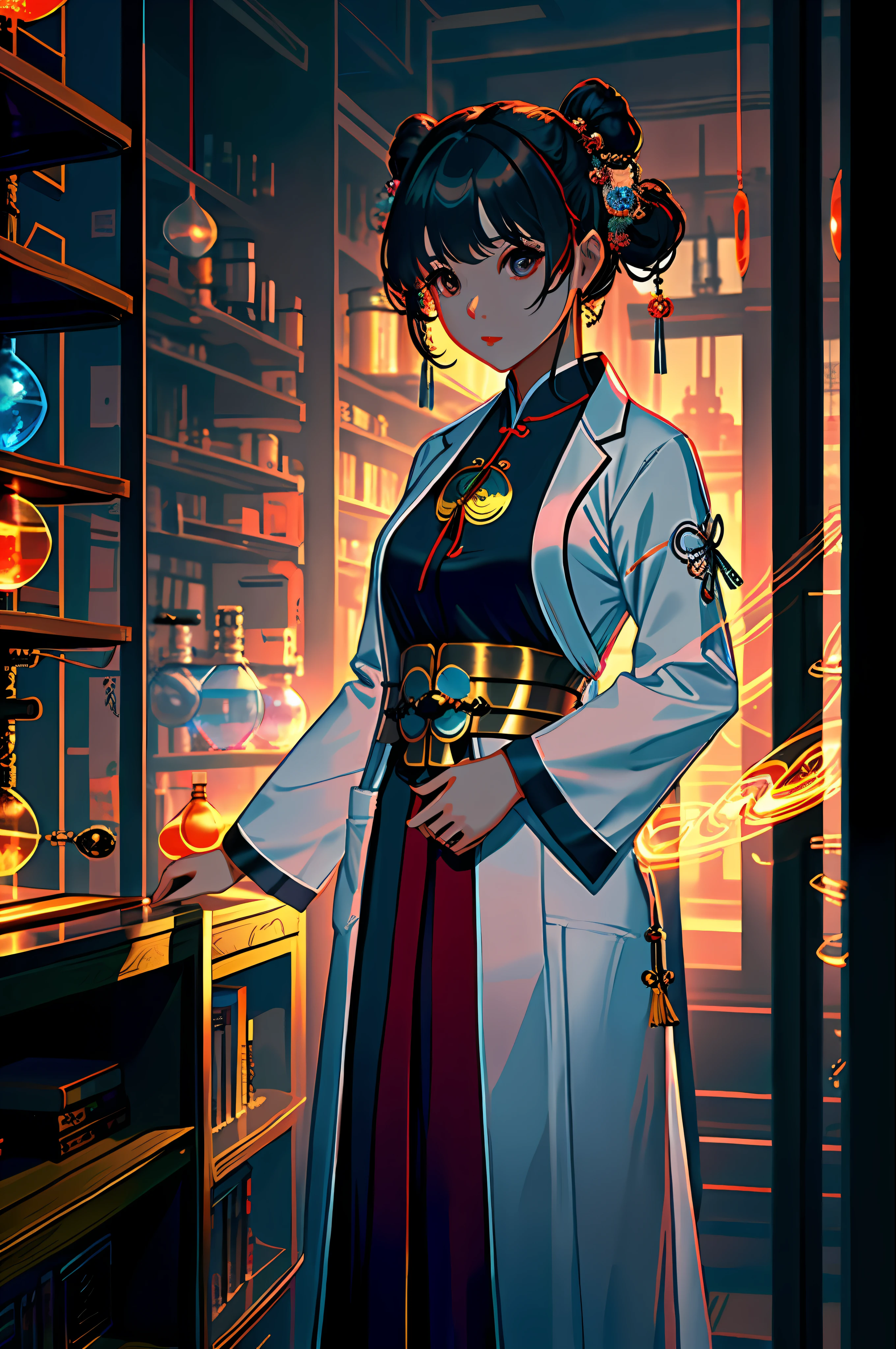 ((masterpiece)), ((best quality)), 8k, high detailed, ultra-detailed; A girl dressed as a scientific Taoist priestess.
1girl, ((scientific Taoist priestess)), standing, (laboratory equipment), mystical aura, books 
Prompt: ((masterpiece)), ((best quality)), 8k, high detailed, ultra-detailed; A girl dressed as a scientific Taoist priestess. 1girl, ((scientific Taoist priestess)), standing, (laboratory equipment), mystical aura, books
