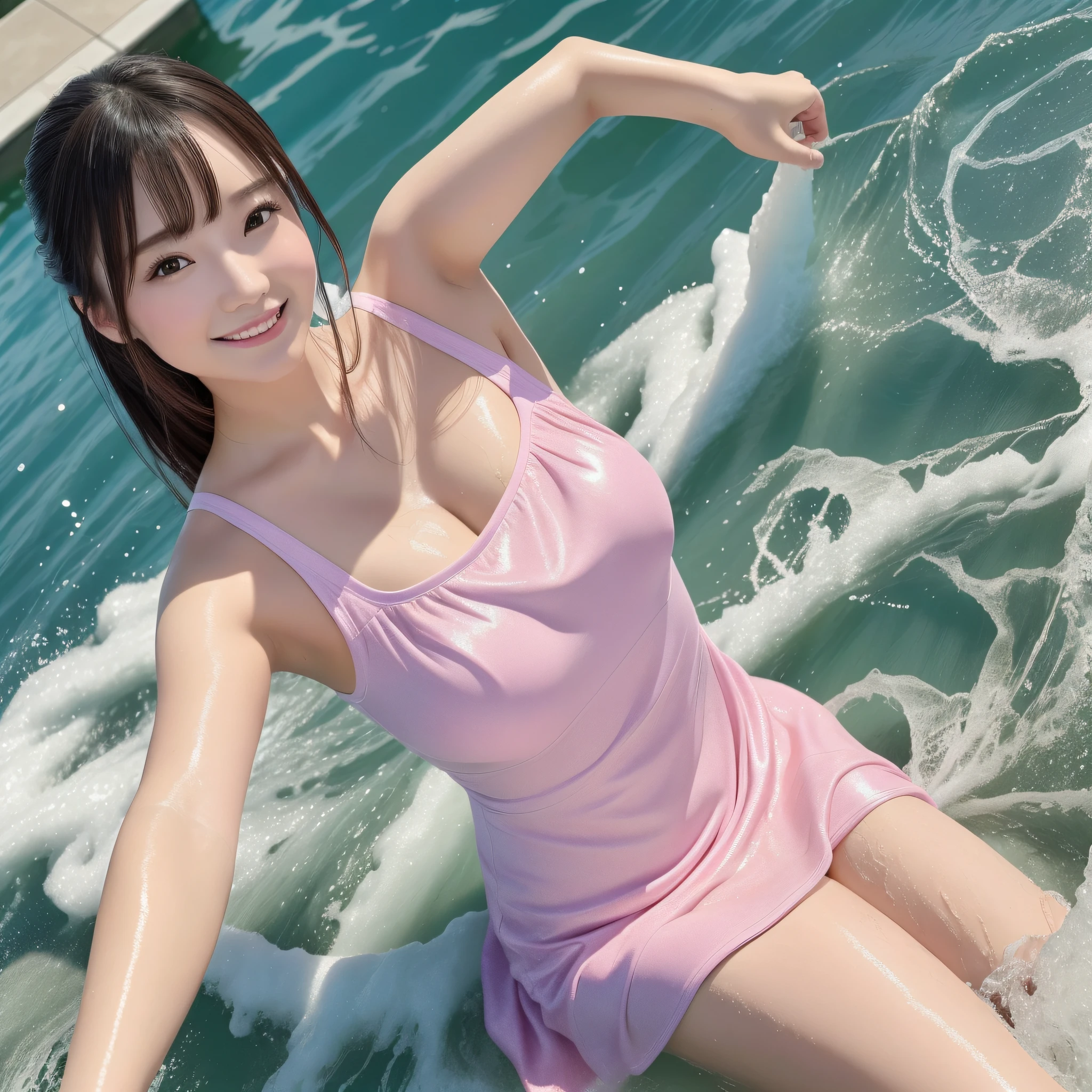 best quality, ultra high res, (photorealistic: 1.4), 8k resolution, girl, (random hair: 1.3), (realistic hair: 1.2), (chinese girl: 1.2), (realistic eyes: 1.2), (beauty face: 1.3), perfect body, white pink skin, medium chest, neckline, (happy face smile: 1.2), (top angle: 1.3), (wet dress: 1.2), (bathing in the icy lake: 1.3), menstruating,