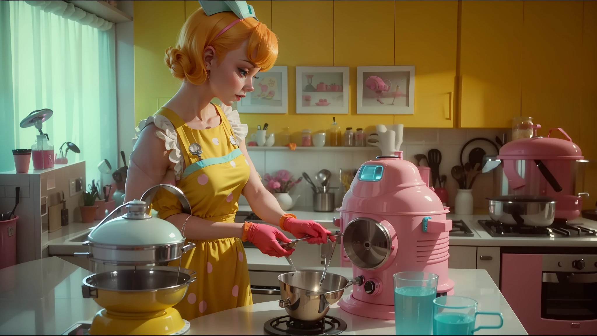 arafed woman in yellow dress preparing food in kitchen with pink robot, faithful cinematic color scheme, thunderbirds, with a bundt bundt pan face, jenny seville, turquoise and pink lighting, still image from the movie, gloss, tumblr aesthetic, set in the future 2 1 5 0, vintage - w 1 0 2 4, grill --auto --s2