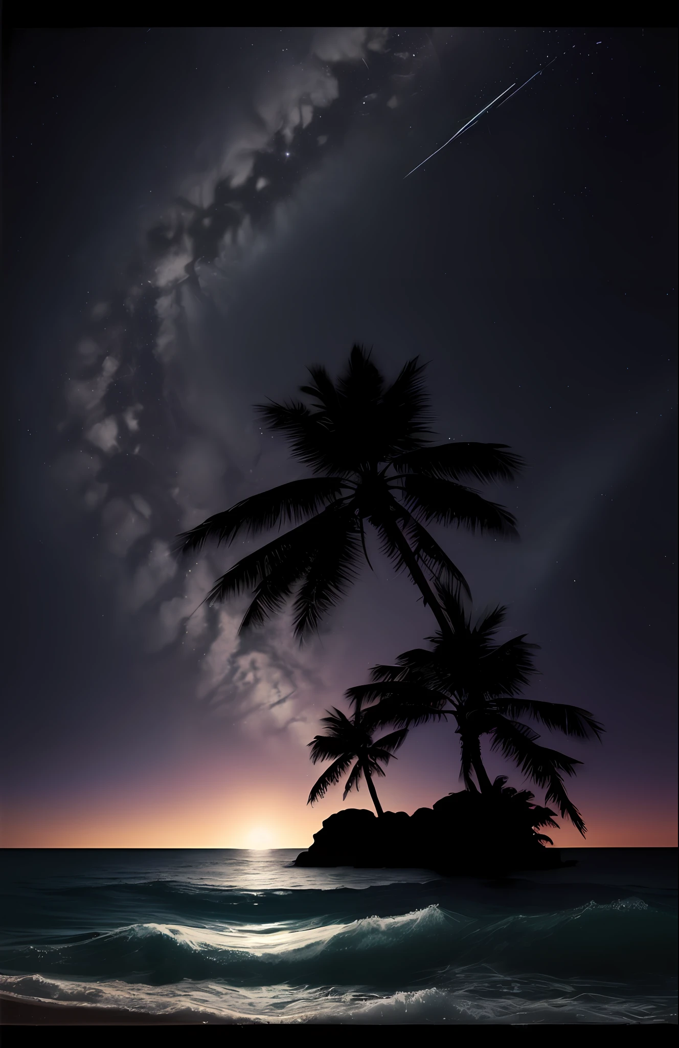 spectacular movie poster, night sea, shooting star, Pacific Ocean (ocean: 1.1), (partially submerged shot: 1.2), (wave: 0.9), desert island background, palm trees, beach, fluffy clouds in the sky, outrun, vaporware, ArtStation trend, highly detailed, fine detail, intricate, (lens flare: 0.9), (backlight: 0.9), (bloom: 0.9) , [Style Micro::10]