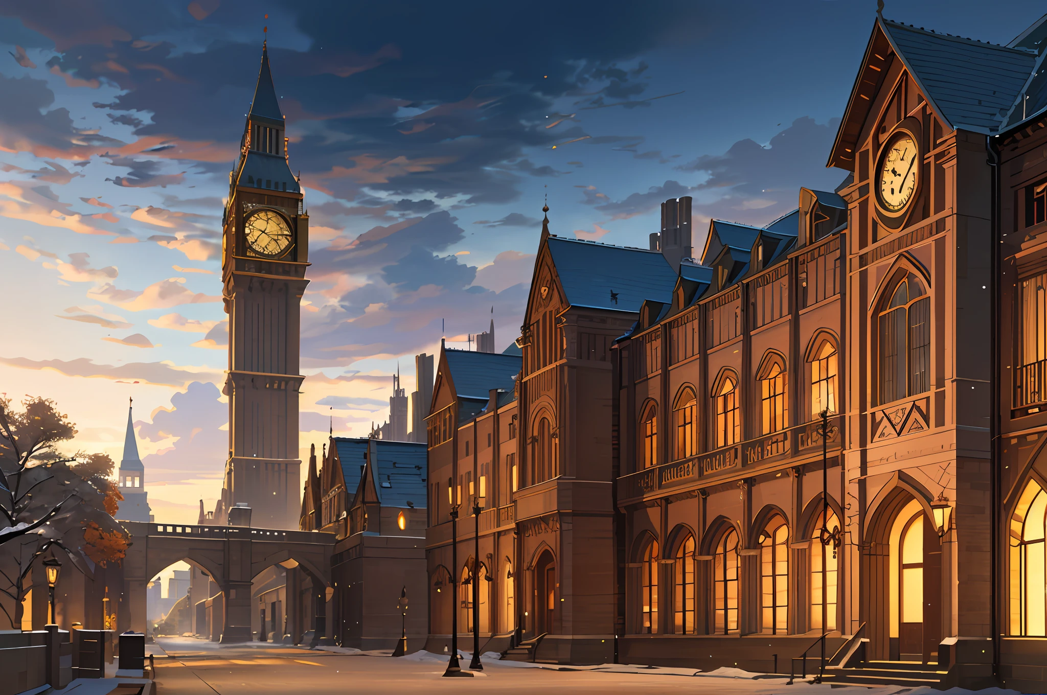 An image of a old building with a clock tower in the middle, in the style of hayao miyazaki , elegant cityscapes, manga-inspired, light bronze and dark amber, northwest school, majestic ports, volumetric lighting, (illustration: 1.0), window detail correction and enhancement, magnificent composition, detail enhancement, detail enhancement. Realistic lighting, HD detail, masterpiece, highest quality, (highly detailed CG Unity 8k wallpaper), (highest quality)