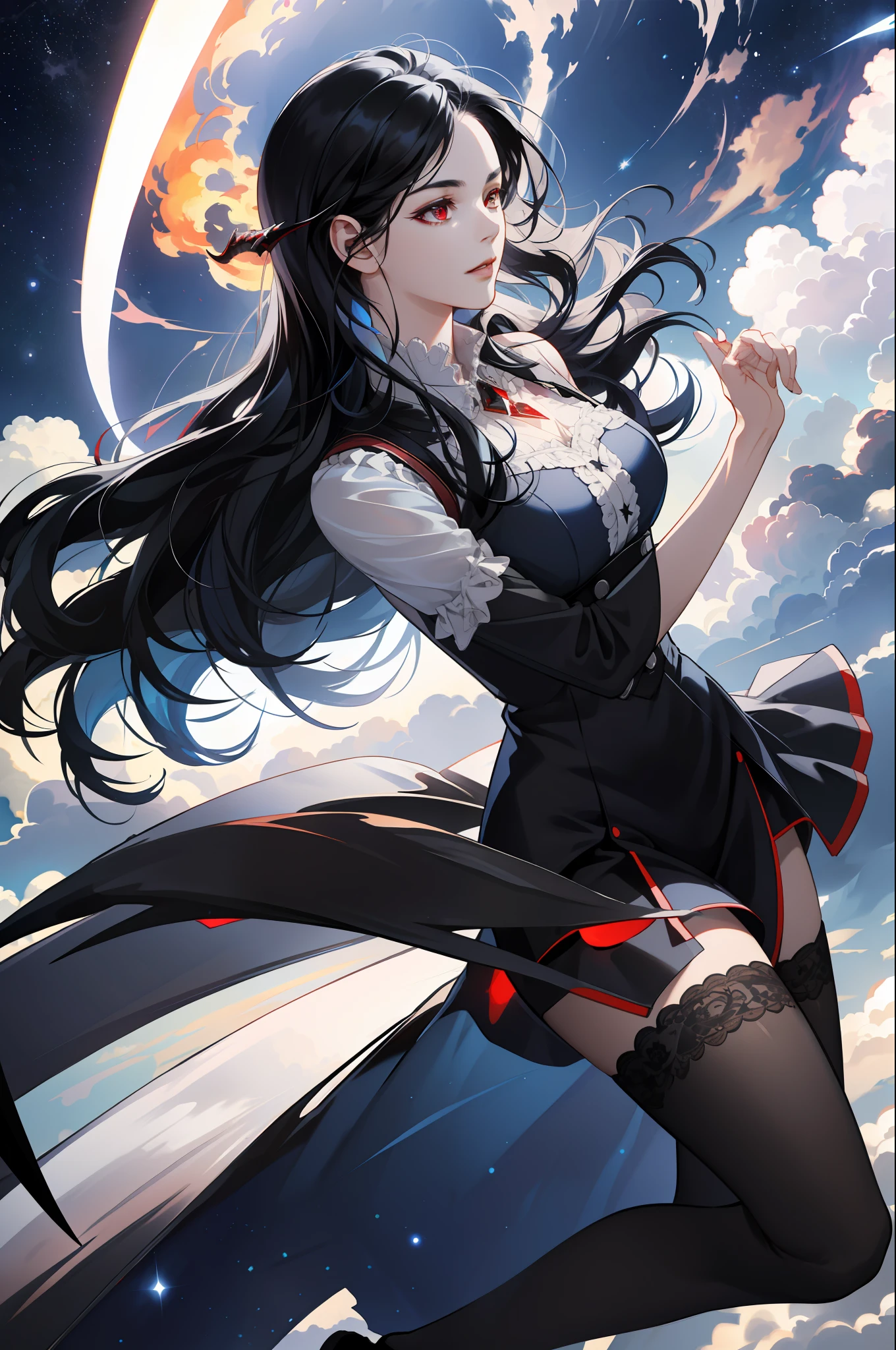 delicate and beautiful CG artwork),(best quality, ultra-detailed, high resolution),(dynamic angle, dynamic lighting),(1 character),(long blue black hair), red eyes, beautiful face),(black transparent stocking),(devil) (long sideburns), clouds, stars,