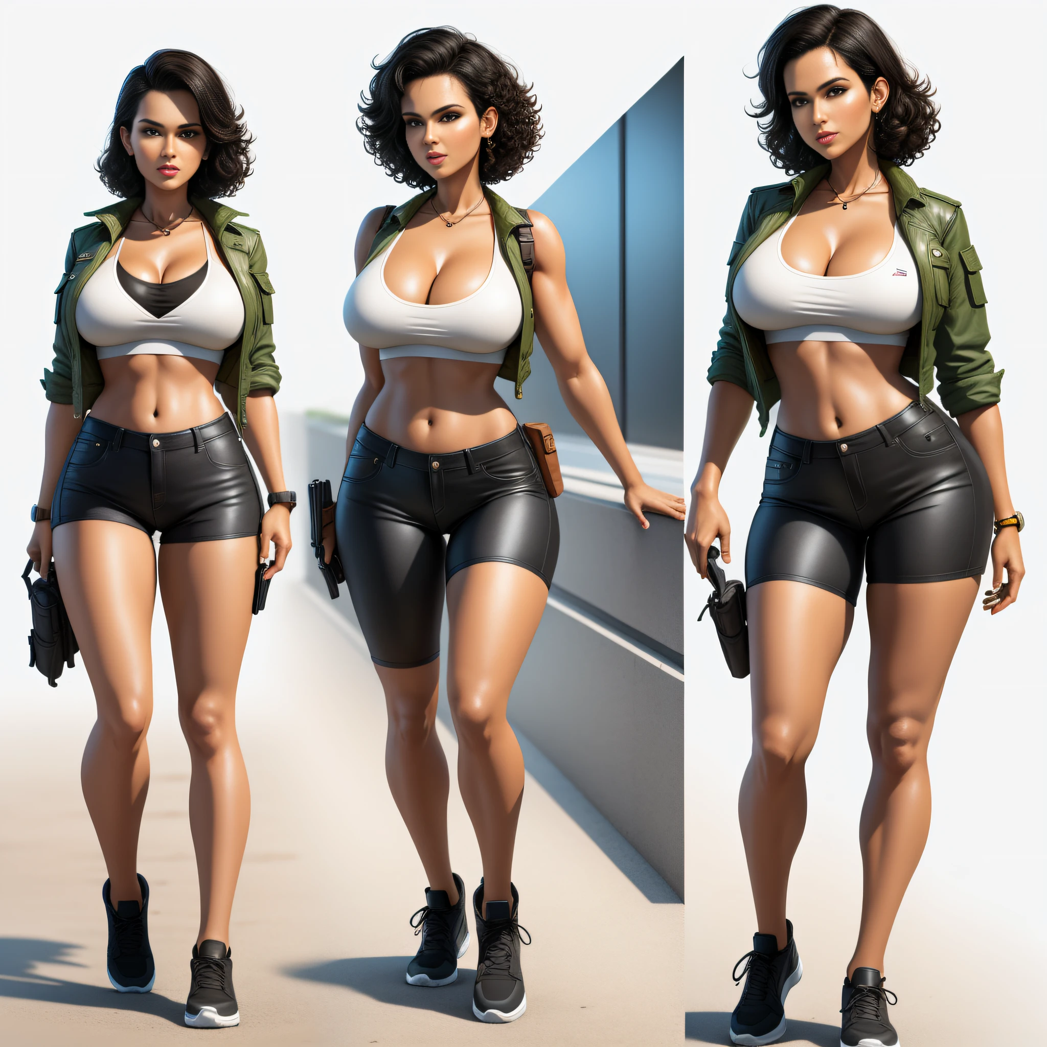 full body portrait, Lara Croft, 1980s \(style\), 1 girl, black hair, retro artstyle, Thomb Raider, short curly hair, solo, unbutton_shirt, (natural_???????:1.2), ??????????????, cleavage, white bra showing, lace white bra, full body shot, model pose, shoes visible, ??? view, face view, multiple viwes,
