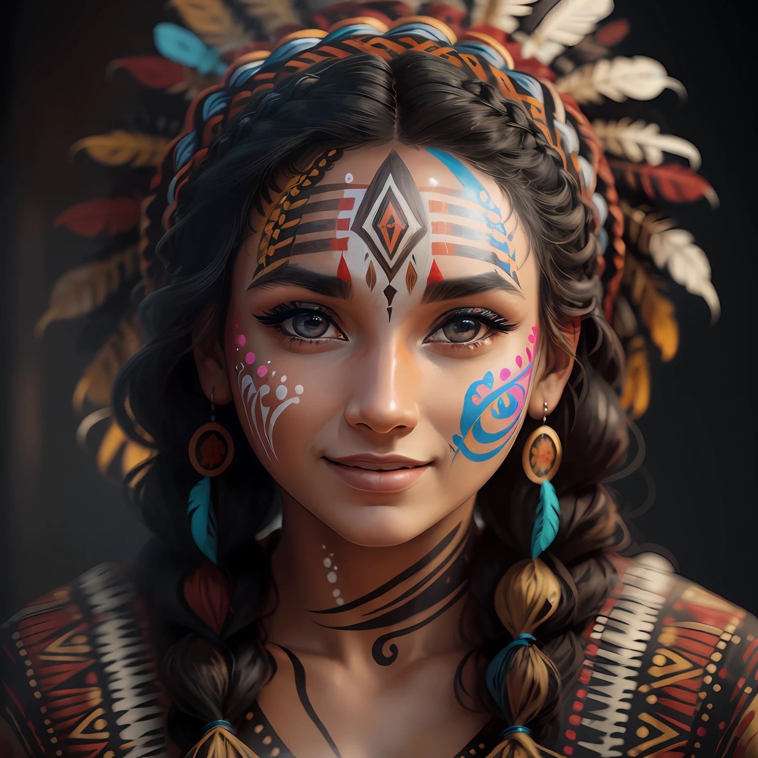 Masterpiece, absurdres,award winning photo, extremely detailed, amazing, fine detail, extremely detailed eyes and face, by lee jeffries nikon d850 film stock photograph 4 kodak portra 400 camera f1.6 lens rich colors hyper realistic lifelike texture dramatic lighting unrealengine trending on artstation cinestill 800 tungsten, beautiful 25 years old woman, smiling, excited,
NativAm, a woman in a native dress , wearing NativAm, feathers on her head , braids, native gown, native print , (face paint:1.3), --auto --s2