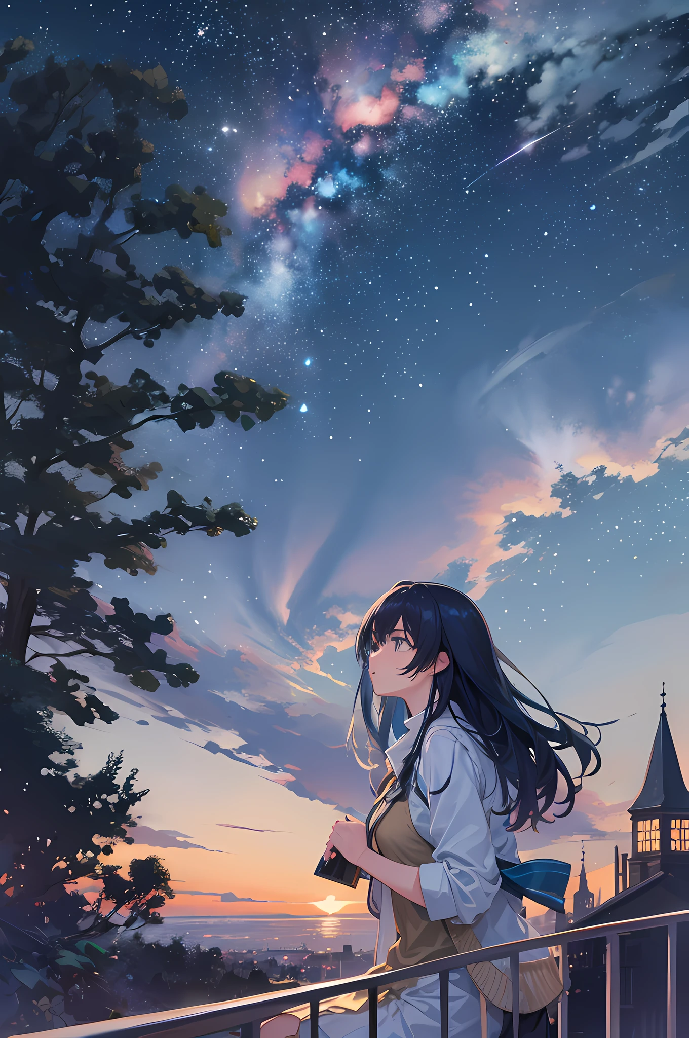octans, sky, star (sky), scenery, starry sky, night, 1girl, night sky, solo, outdoors, building, cloud, milky way, sitting, tree, long hair, city, silhouette, cityscape