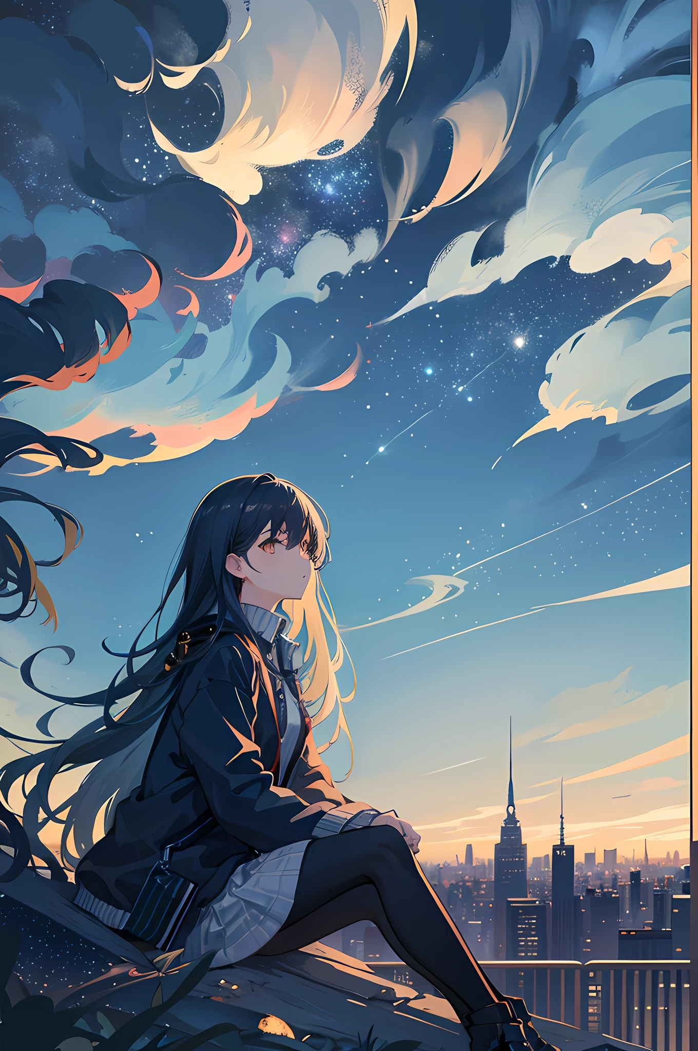 octans, sky, star (sky), scenery, starry sky, night, 1girl, night sky, solo, outdoors, building, cloud, milky way, sitting, tree, long hair, city, silhouette, cityscape