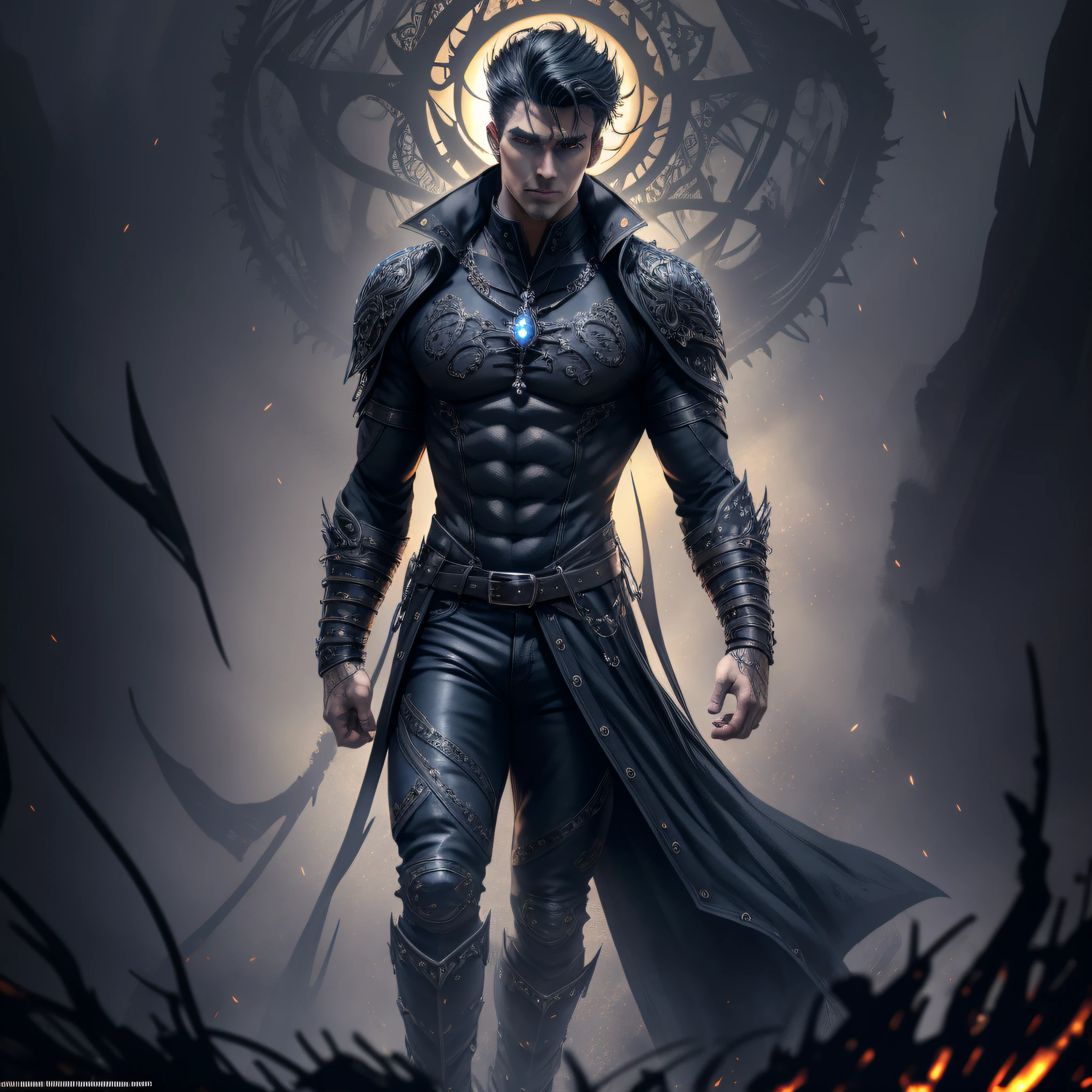 1boy, closed mouth, male focus, muscular, muscular male, rock, sash, serious, solo, black hair, Masterpiece, 4k, award winning photo, extremely detailed, amazing, fine detail, absurdes, highly detailed man, toughboy, extremely detailed eyes and face, masculine, piercing eyes, toughboy style, face ultra focus, (dark hazel glow and brown eyes and surrounded by darkness:0.2),sepulchral , abstract, unique, interesting, dreamlike, superb, fantasy, intricate details, (((handsome young man))), ((teenage:0.5) ), broad shoulders, very short hair, undercut, big arms, dark, old leather jacket with intricate details and metallic accents, white shirt, jeans, vampire, Night, Magic, Dark Style, Analog style, ((intricate details)), full torso shot, cold light, (intricate ), dynamic poses, , (masterpiece, best quality, ultra-detailed, best shadow), (highly detailed background, dark fantasy), dark sinister aura, evil sinister grin, perfect anatomy, hair between eyes, bangs, (swirling black aura around the character), depth of field, magic circle, perfect face, (realistic eyes), round iris, perfect, intricate, complex eyes, black beard, volumetric fog, black light particles, (broken time), magic circle, full body, Complex Background, Looking at the Viewer, Dynamic Movement, Dynamic Pose,light, Sun, Sunlight, swirling black light around the character, black light particles, (broken reality), magic circle ,Elegant, Highly Detailed, Majestic, beautiful yet scary , dark sinister aura, evil sinister grin, puppet strings, (highly detailed background, haunted forest), extremely sensual, perfect anatomy, high contrast, (best illumination, an extremely delicate and beautiful), ((cinematic light)), hyper detail, dramatic light, intricate details, depth of field, black light particles,(broken sun),(dynamic pose), full body, seductive gaze, castle