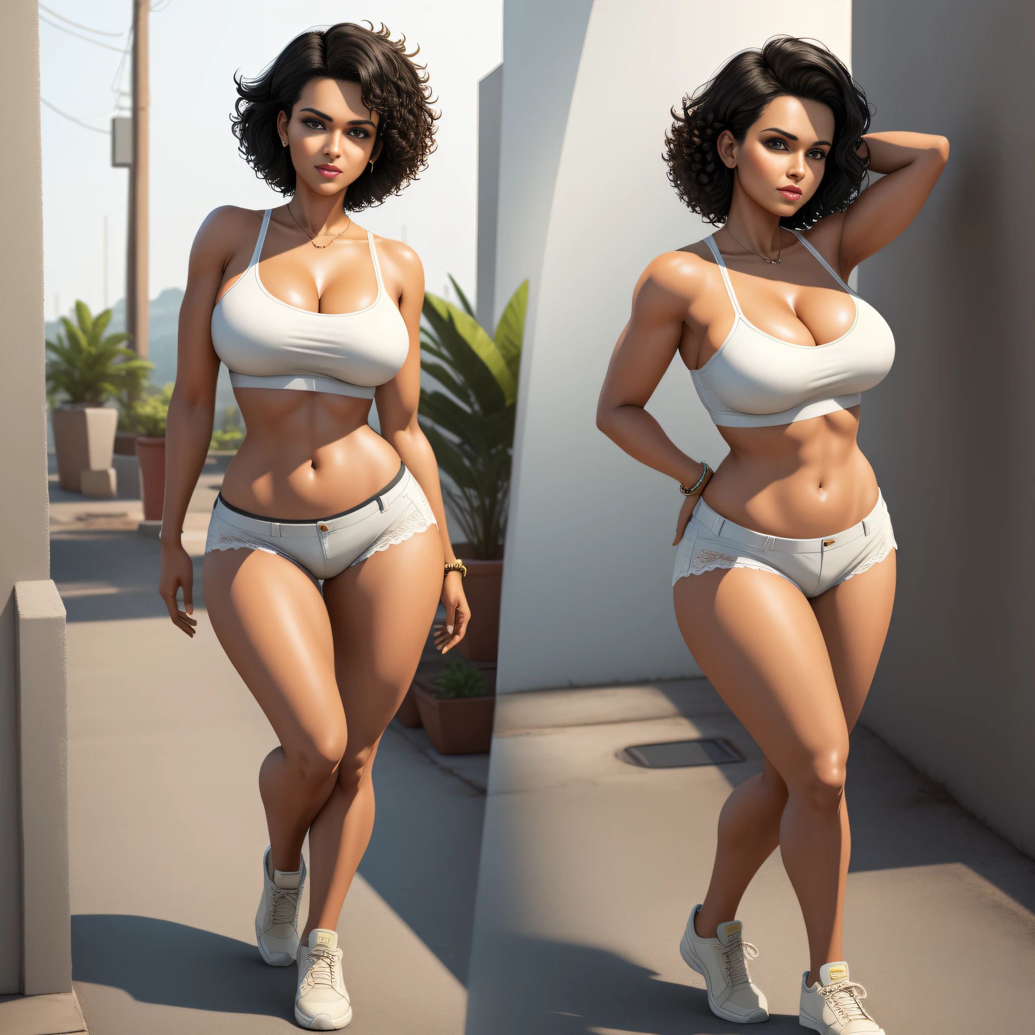 full body portrait, Lara Croft, 1980s \(style\), 1 girl, black hair, retro artstyle, Thomb Raider, short curly hair, solo, unbutton_shirt, (natural_breasts:1.2), medium_breasts, cleavage, white bra showing, lace white bra, full body shot, model pose, shoes visible, ass view, face view, multiple viwes,