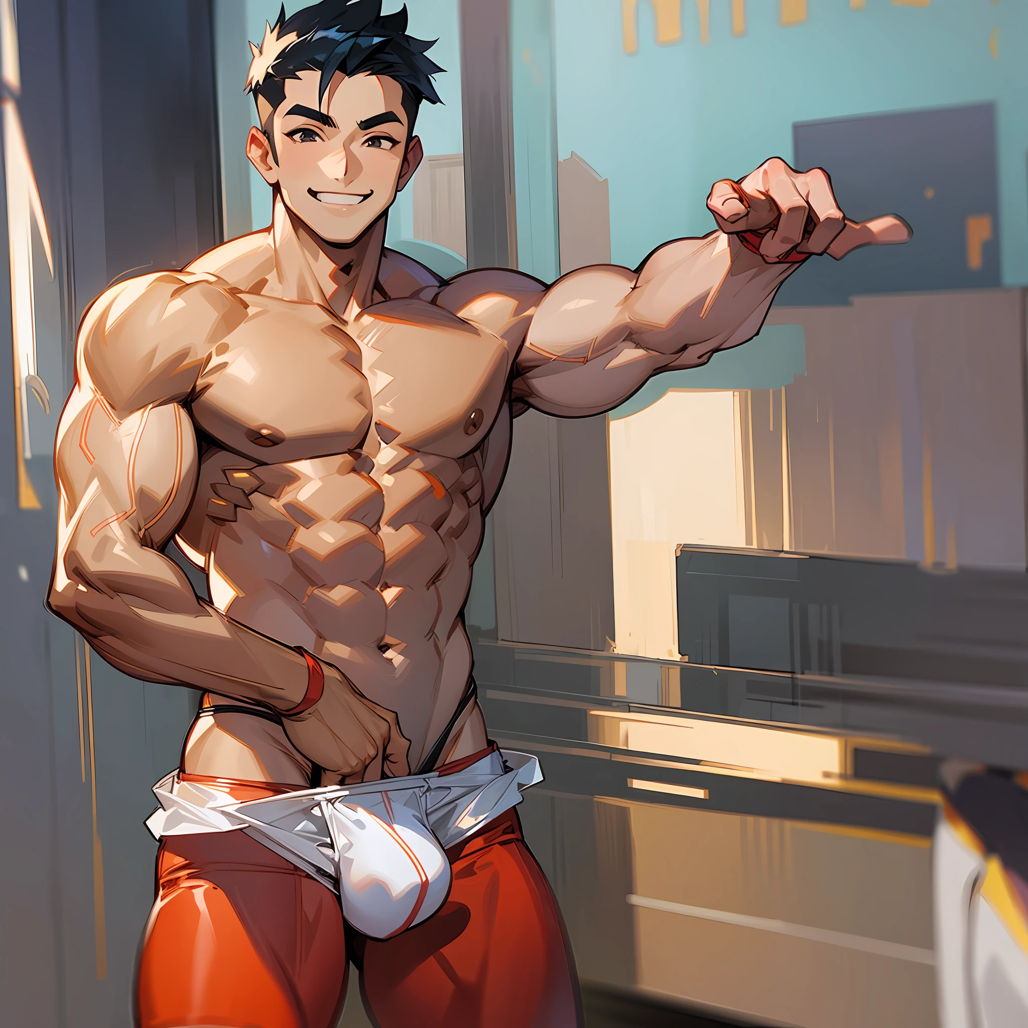 Hot,muscular,asian guy wearing thongs with huge bulge very sexy smiling with legs spread out showing off bulge. --auto --s2