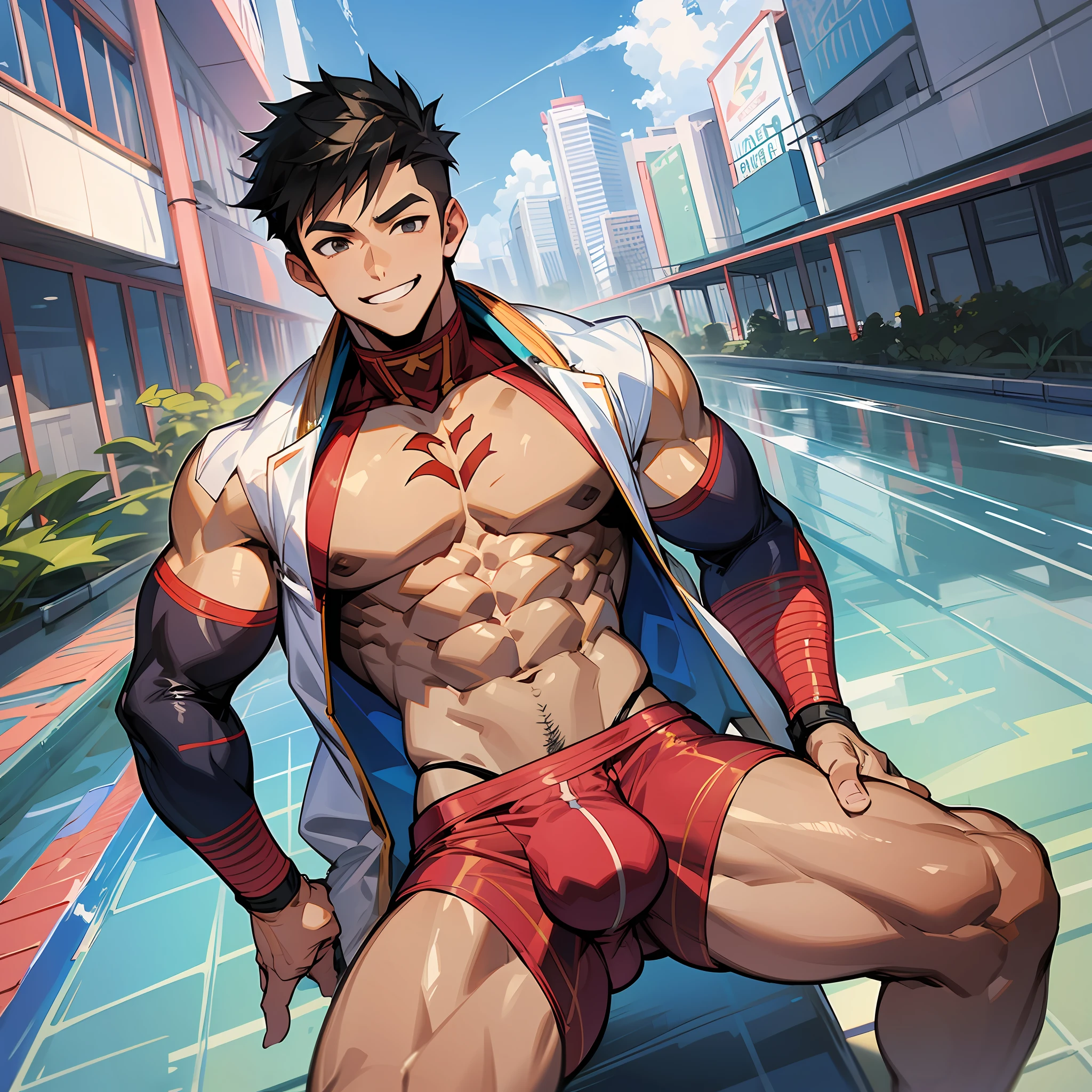 Hot,muscular,asian guy wearing thongs with huge bulge very y smiling with legs spread out showing off bulge. --auto --s2