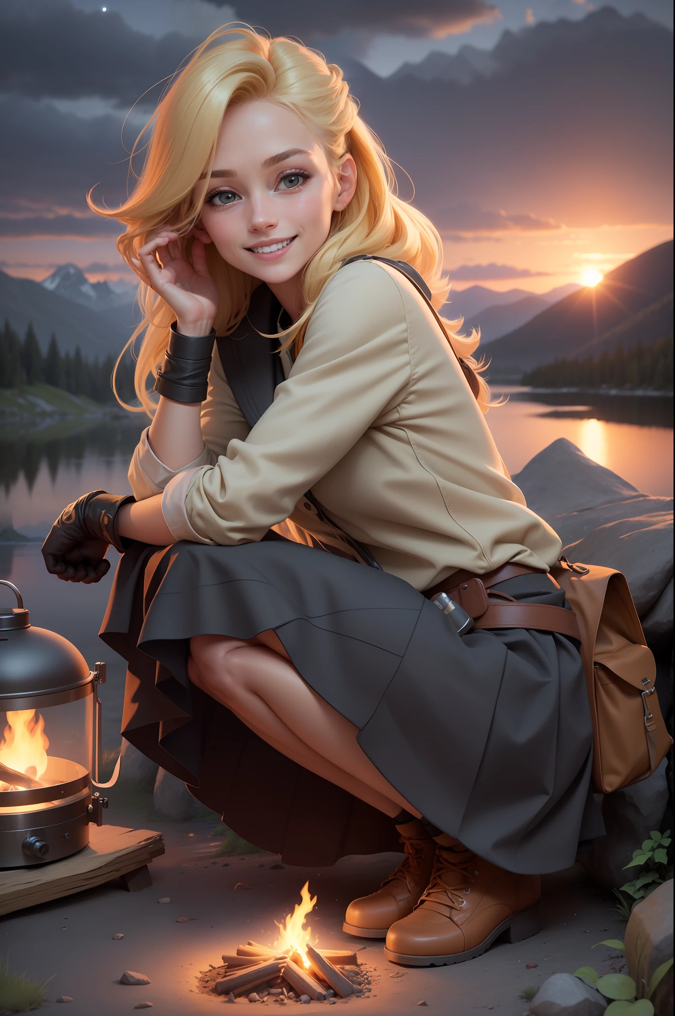 1 woman, hair with blonde locks, skirt, cold blouse ((full body, crouching, smiling, happy)), masterpiece, best quality, perfect eyes, perfect hands, perfect legs, ultra-detailed, solo, outdoor, (sunset), mountains, nature, (stars, cloud) cheerful, happy, backpack, sleeping bag, camping stove, water bottle, tennis, gloves, flashlight, forest, rocks, river, wood, smoke,  shadows, contrast, style, (warm hue, warm tone: 1.2), cinematic light, side lighting, ultra high resolution, best shade, RAW, wooden house, campfire